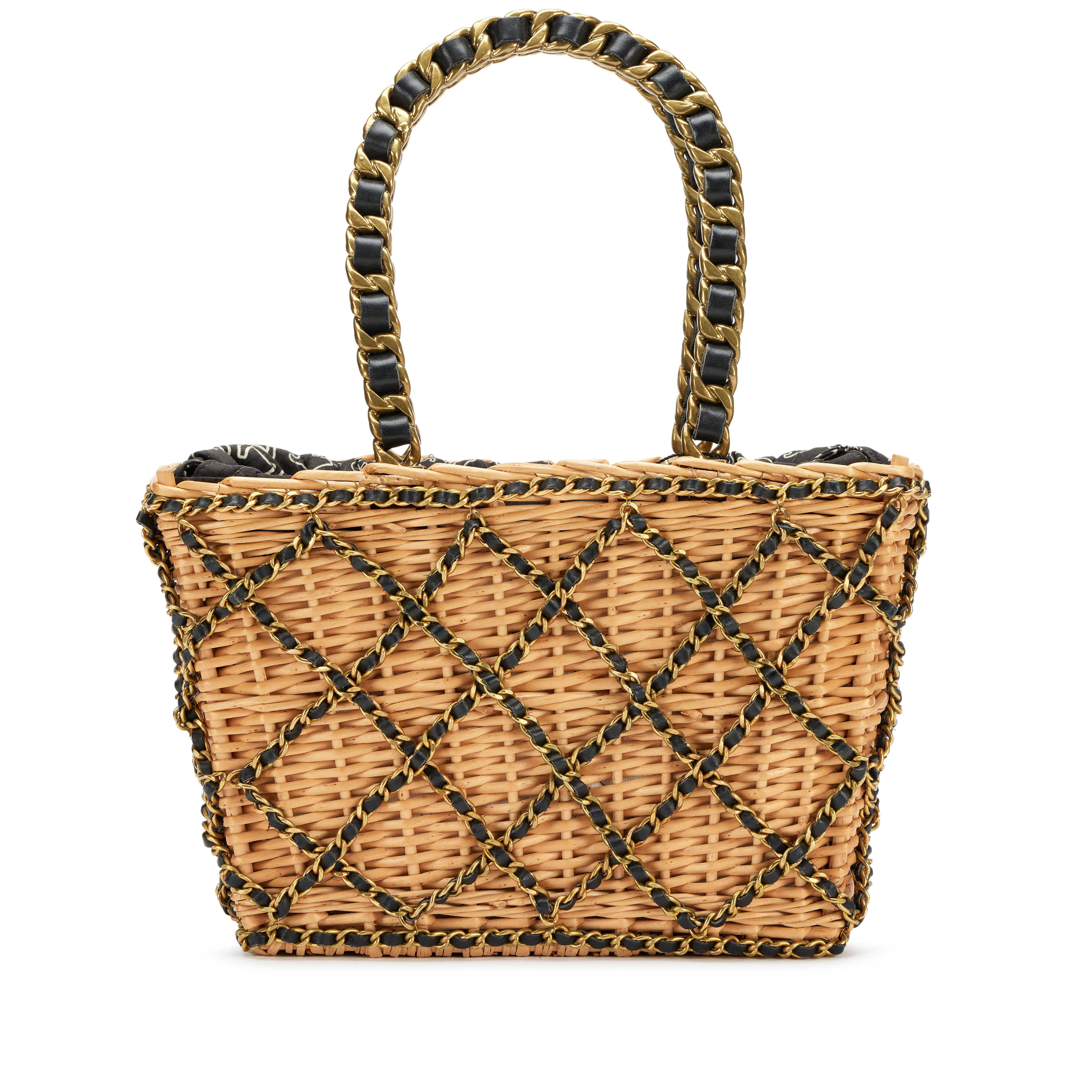 Chanel Vintage Beige And Black Wicker Chain Picnic Basket Gold