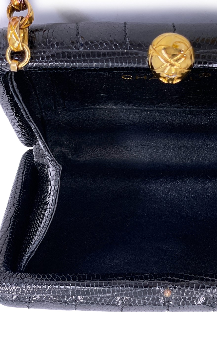 Chanel Vintage Vintage Black Lizard Rolo Chain Evening Clutch Gold