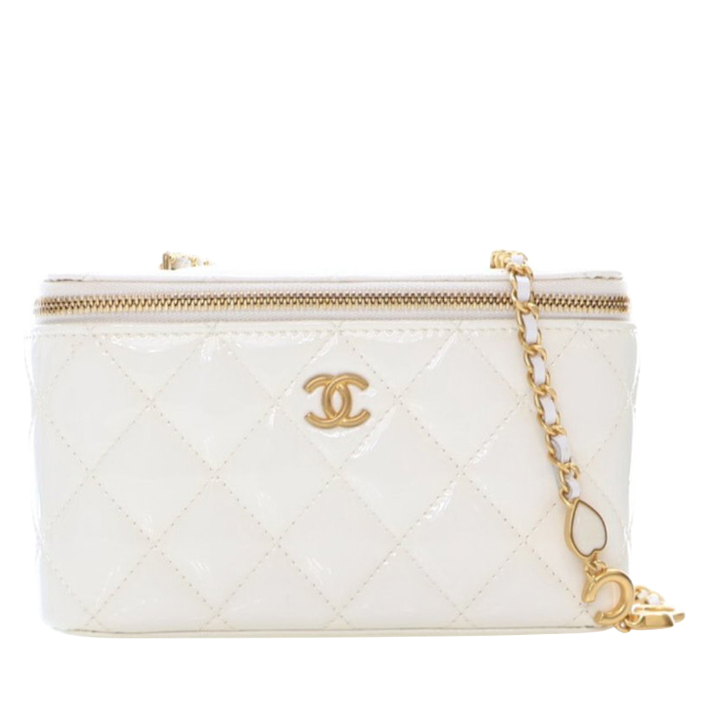 Chanel White Quilted Patent Small Long Vanity Case Gold Hardware