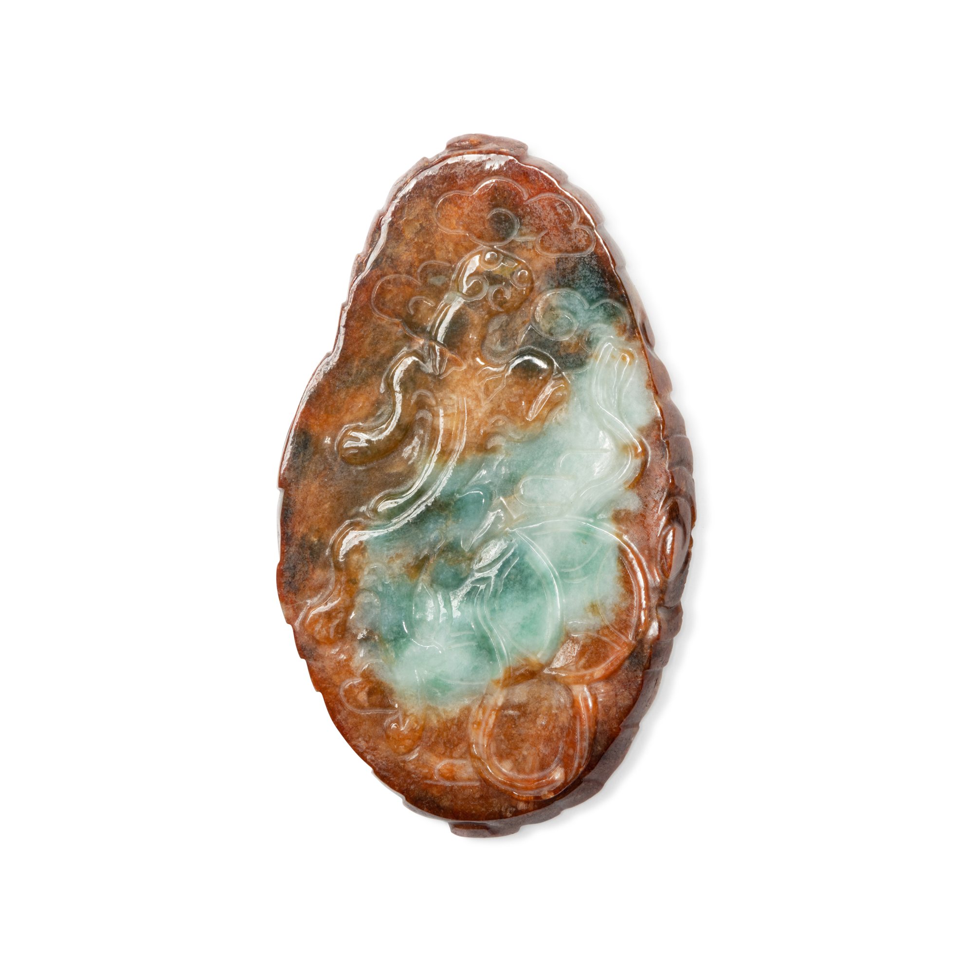 A green and russet jadeite 'chilong' carving | 翡翠雕螭龍擺件 | CHINA / 5000 ...