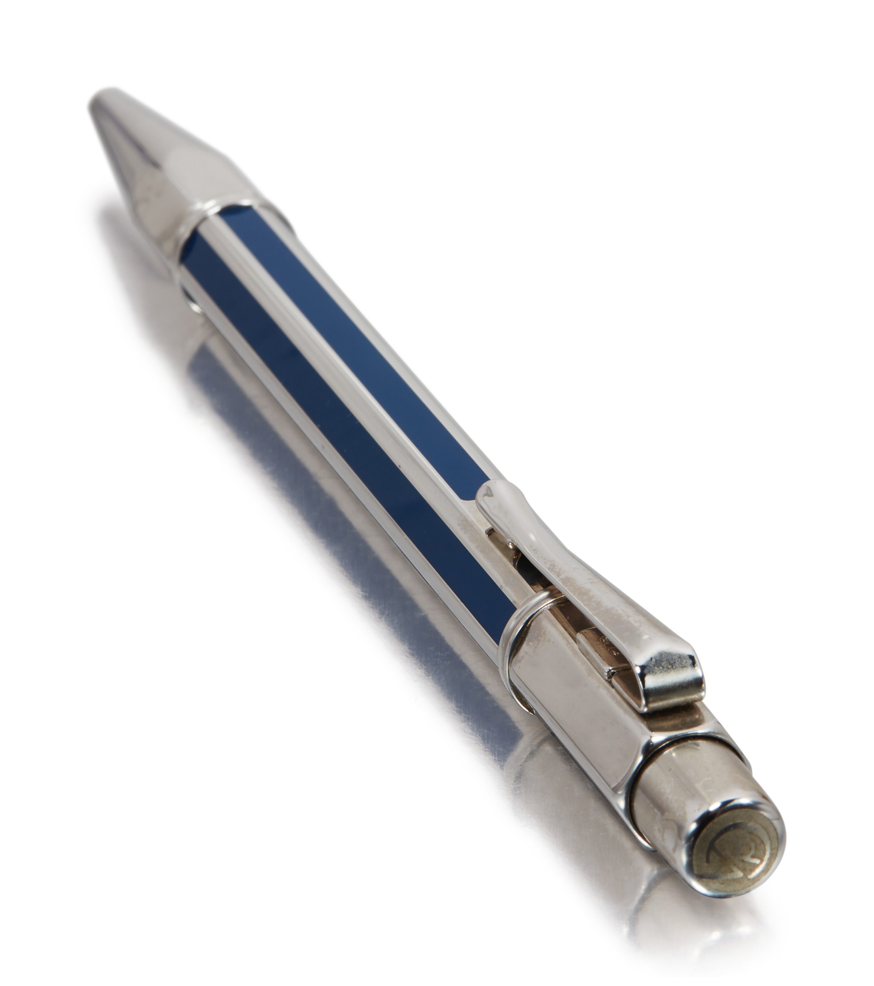 CARAN D'ACHE A STEEL AND BLUE STRIPED BALLPOINT PEN, CIRCA 2000