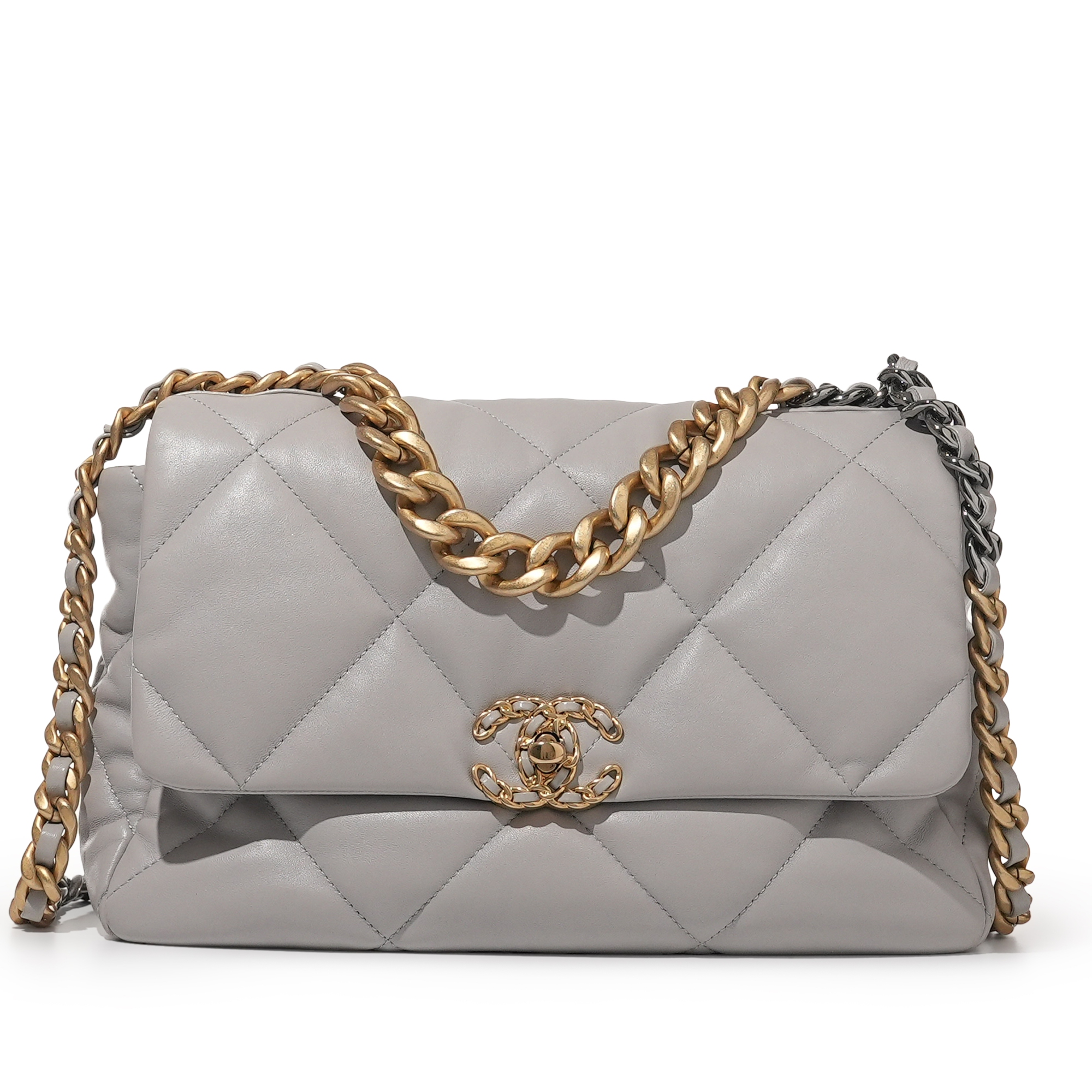 Chanel Grey Quilted Lambskin Chanel 19 Flap Gold And Ruthenium