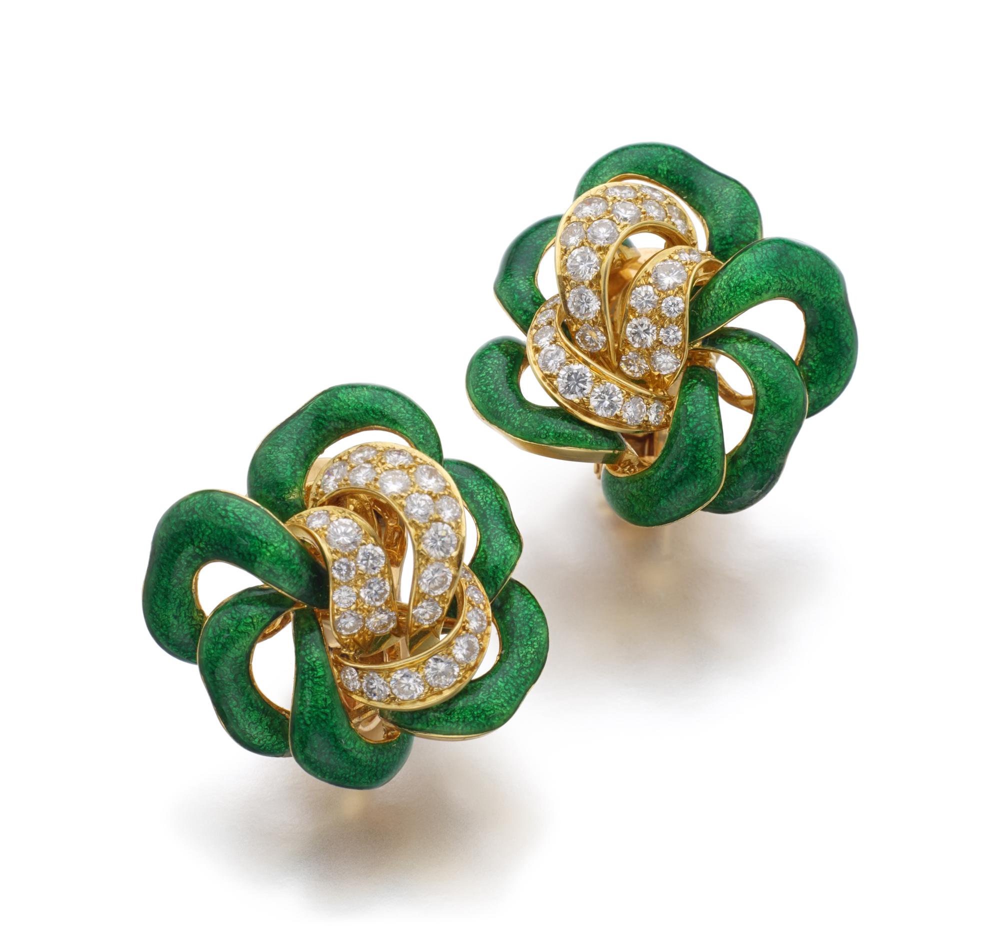 PAIR OF ENAMEL AND DIAMOND EAR CLIPS M. GÉRARD Signed Jewels Online