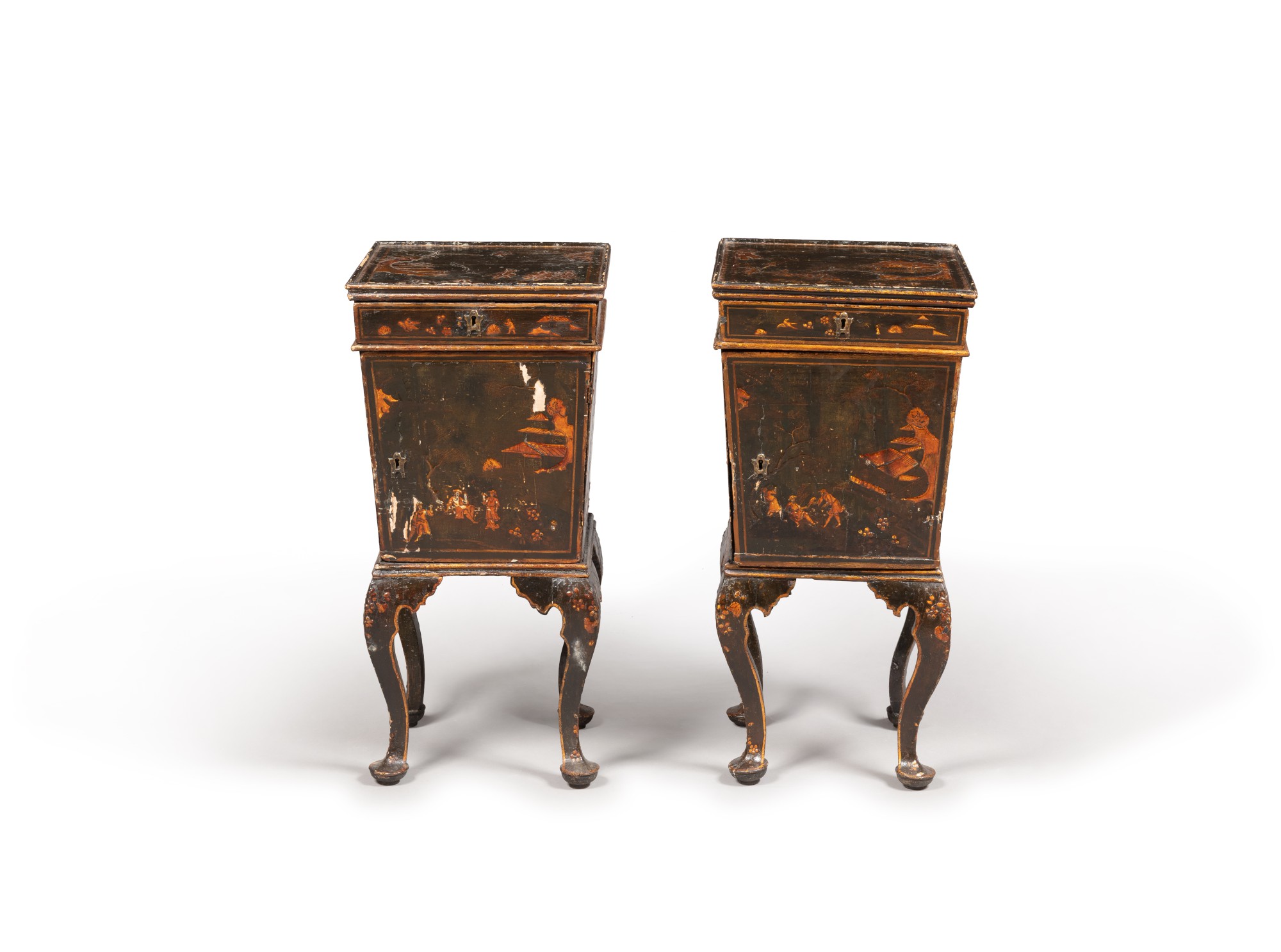 A pair of Italian small black and gold varnished side tables, Venitian
