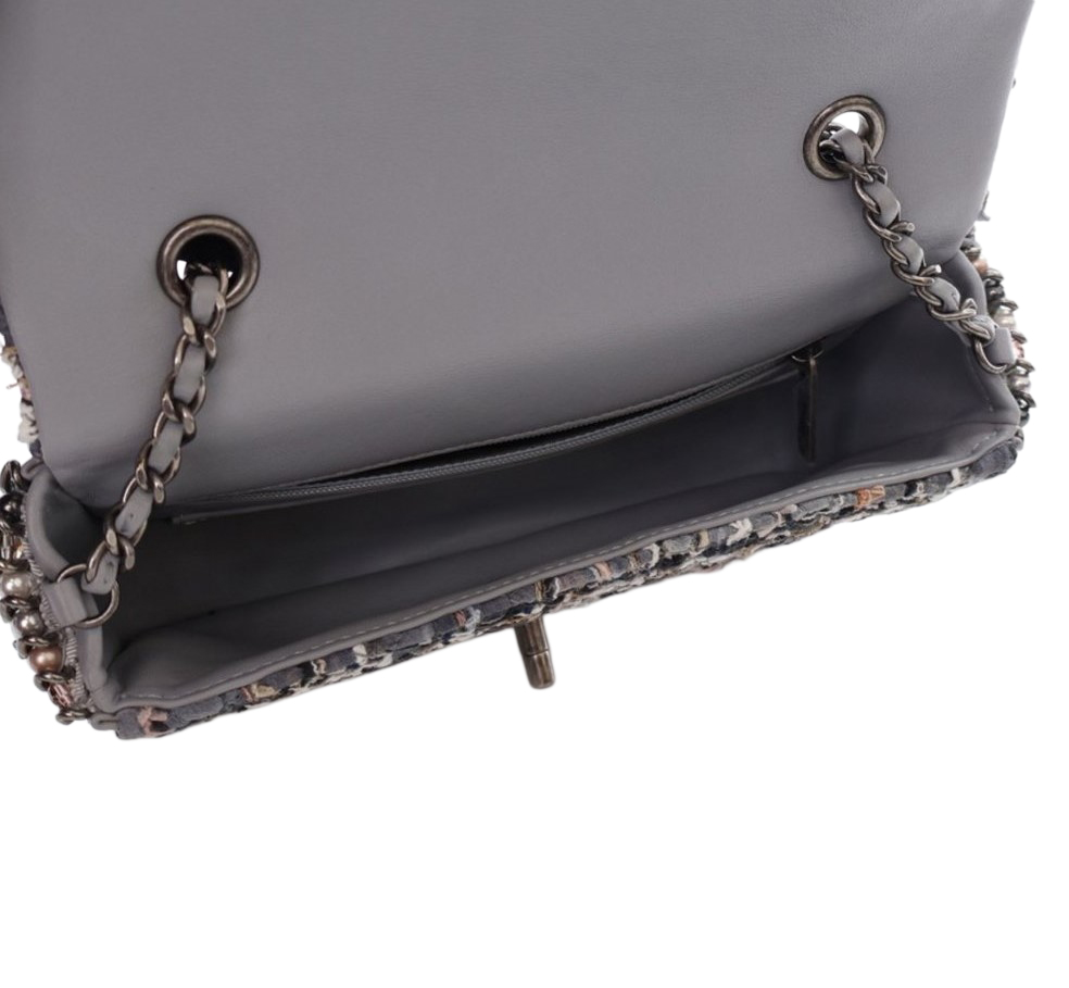 Chanel Grey Tweed River Of Pearls Mini Flap Bag Ruthenium Hardware
