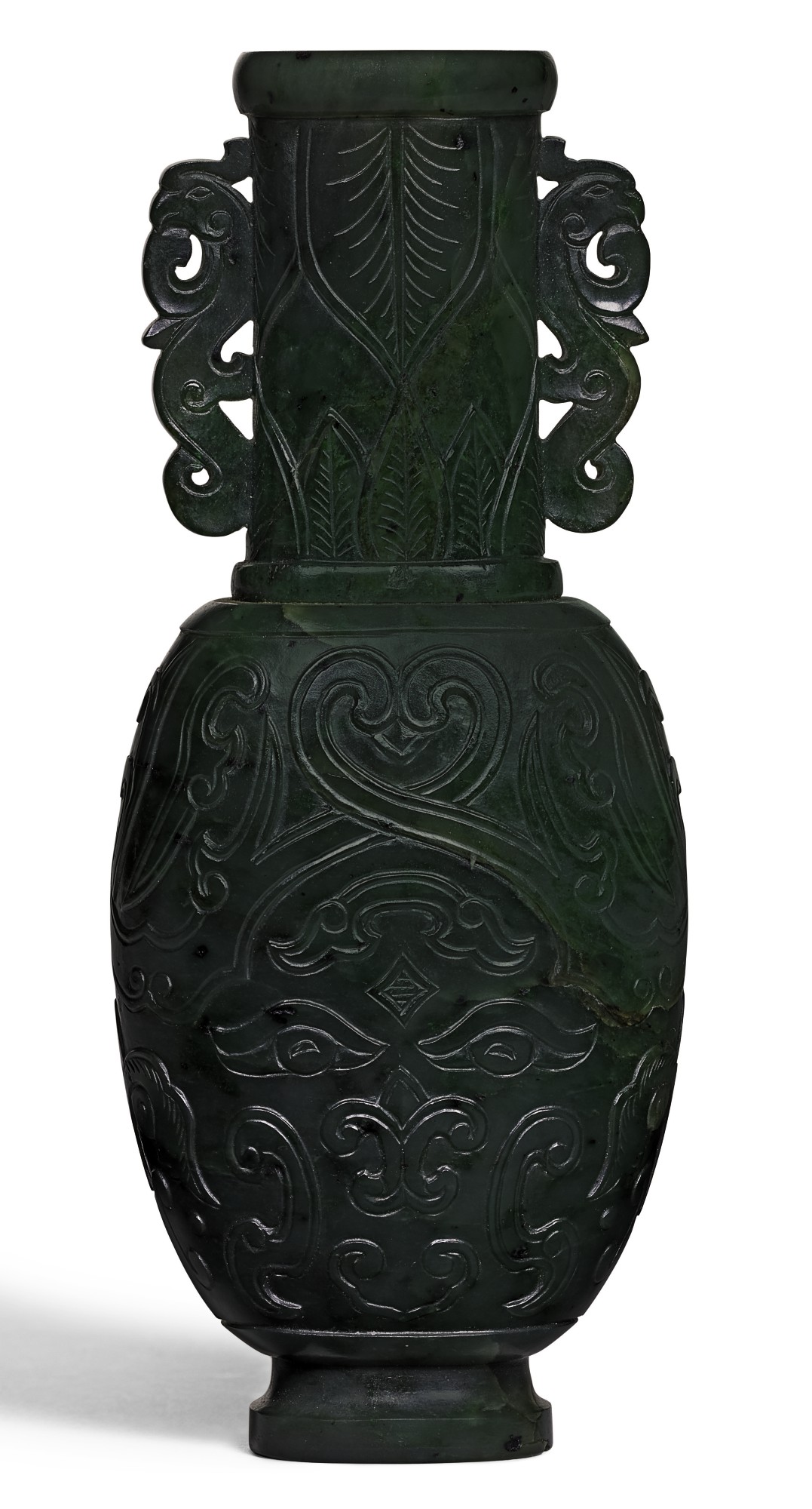 A SMALL SPINACHGREEN JADE ARCHAISTIC VASE QING DYNASTY, 18TH/19TH