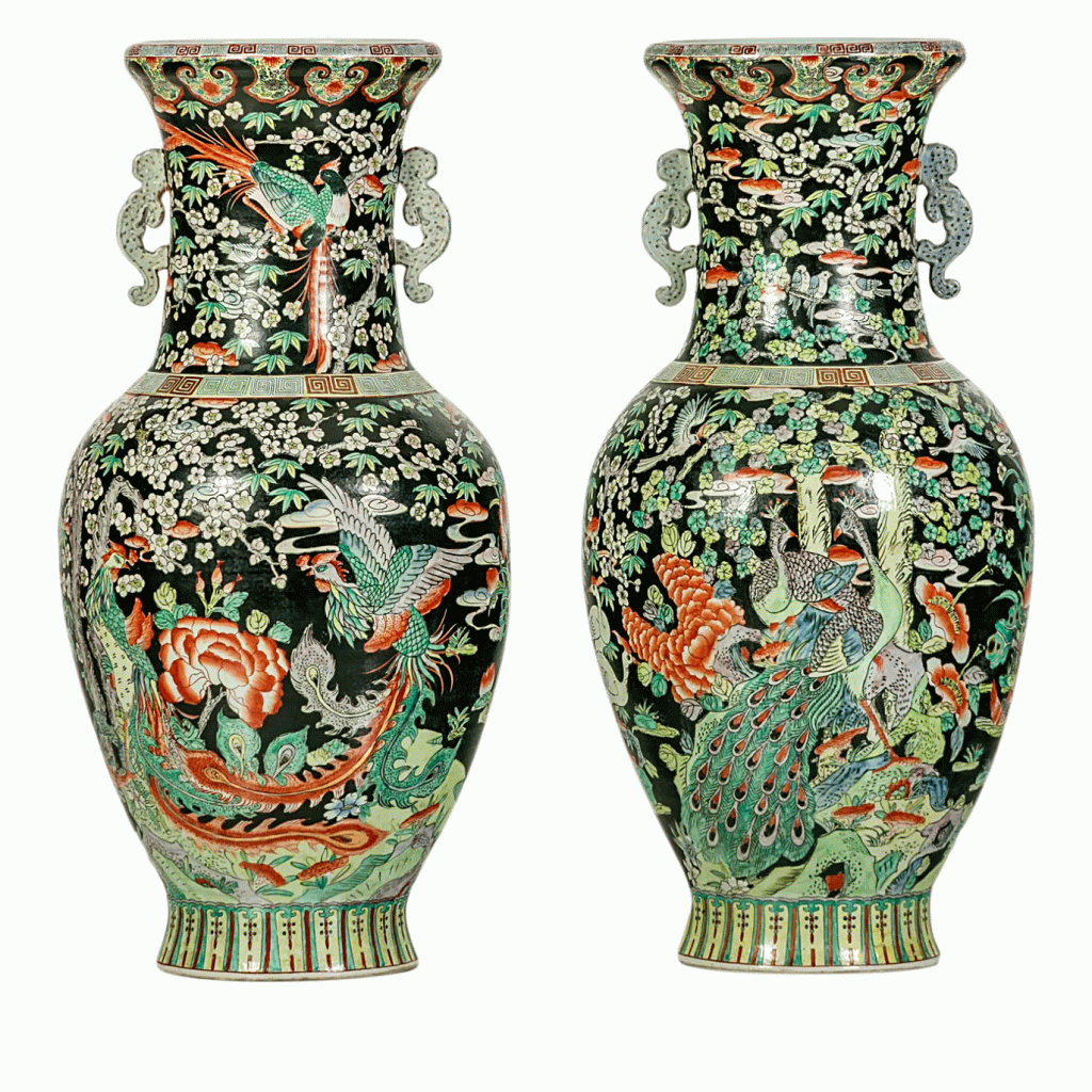 Vintage Chinese Famille Noir Porcelain Vases Available For Immediate