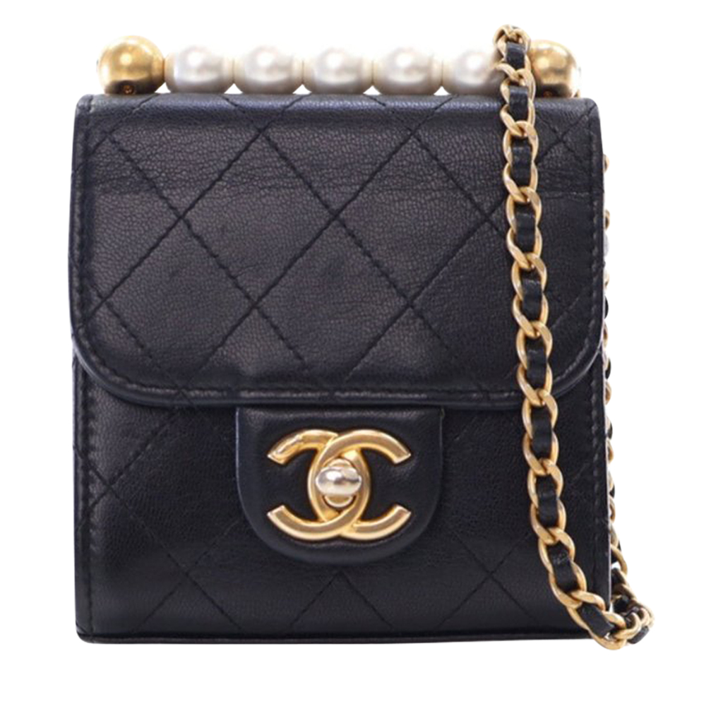 Chanel Navy Blue Quilted Calfskin Mini Chic Pearls Flap Bag Aged