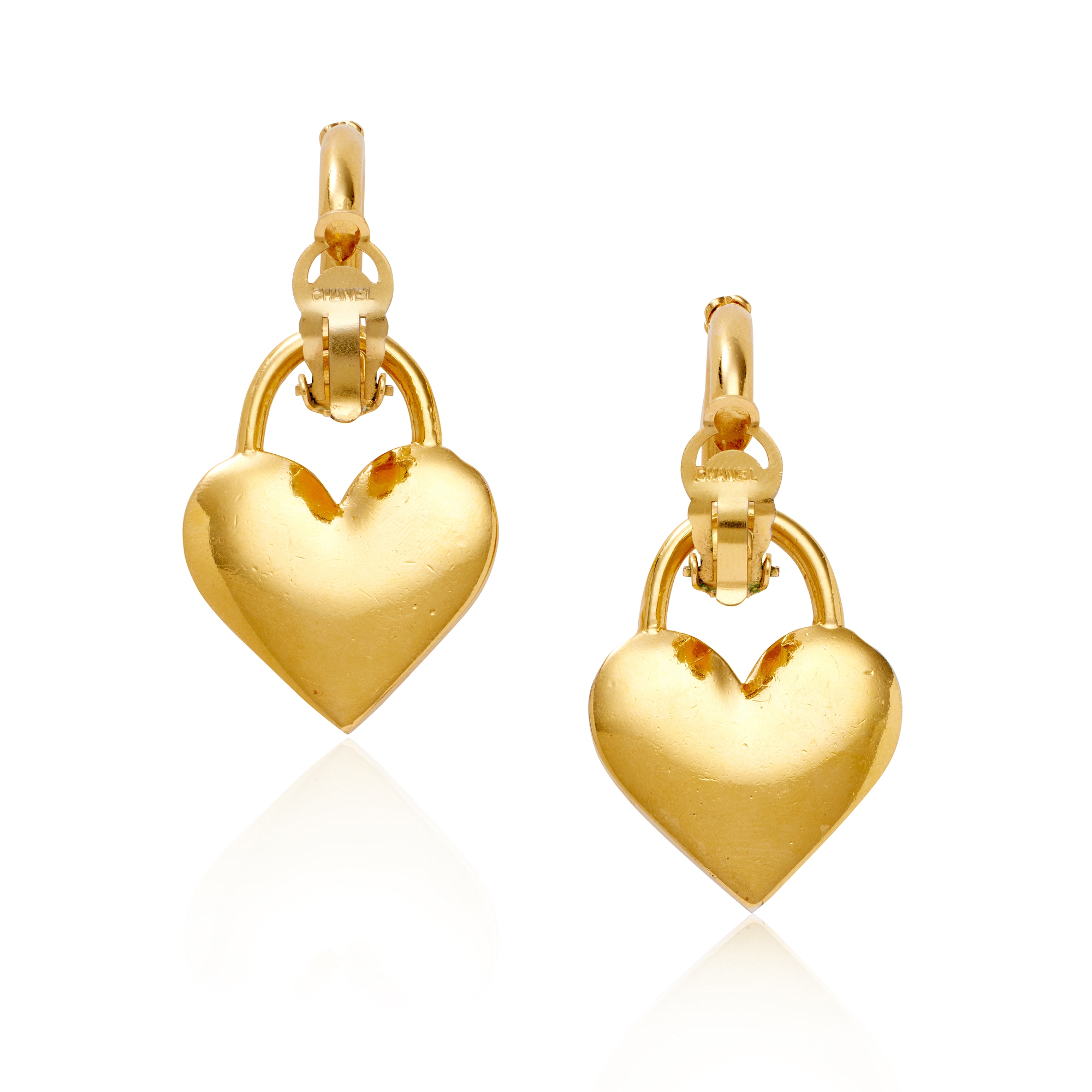 Chanel Vintage Red Strass And Gold Metal Heart CC Earrings