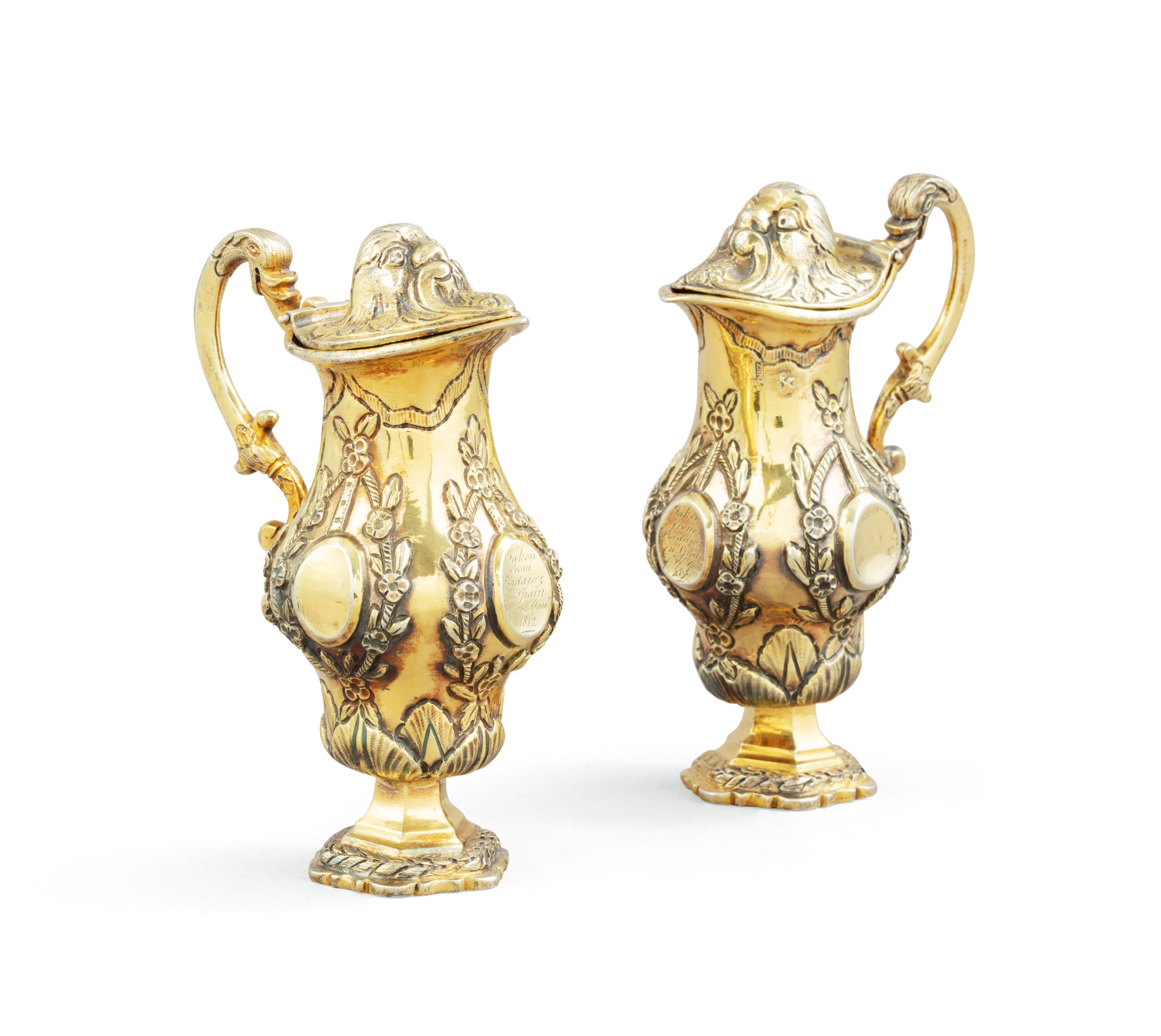 A pair of Spanish silvergilt cruets, Mateo Martinez Moreno, Cordoba