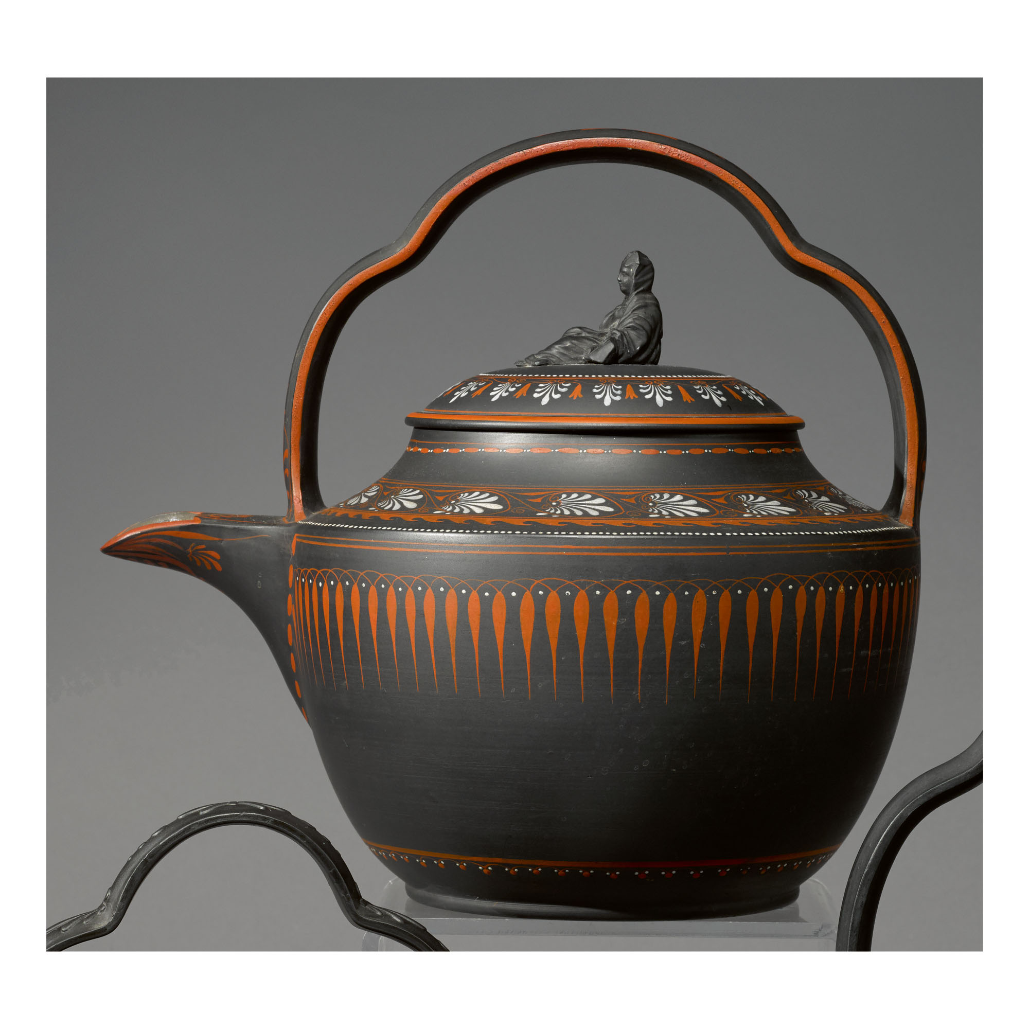 A WEDGWOOD BLACK BASALT 'ENCAUSTIC'DECORATED RUM KETTLE AND COVER