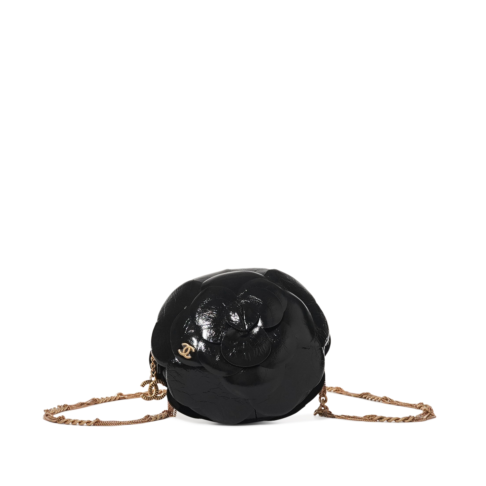 Chanel Black Patent Camellia Clutch With Chain Aged Gold