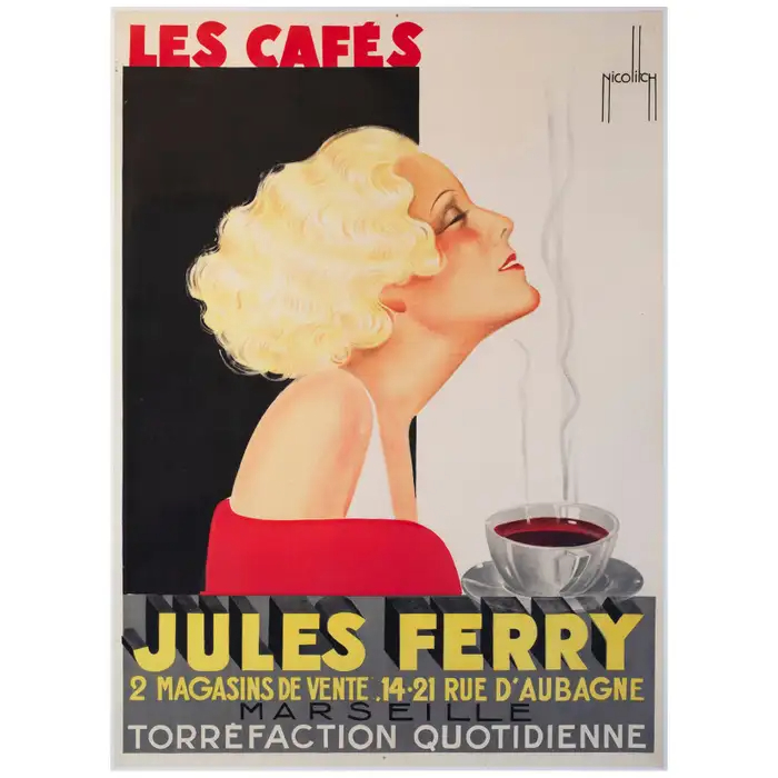 ビンテージ フレンチポスター1939 Calais Son Port Georges Nicolitch Vintage French Les Cafes Jules Ferry Advertising