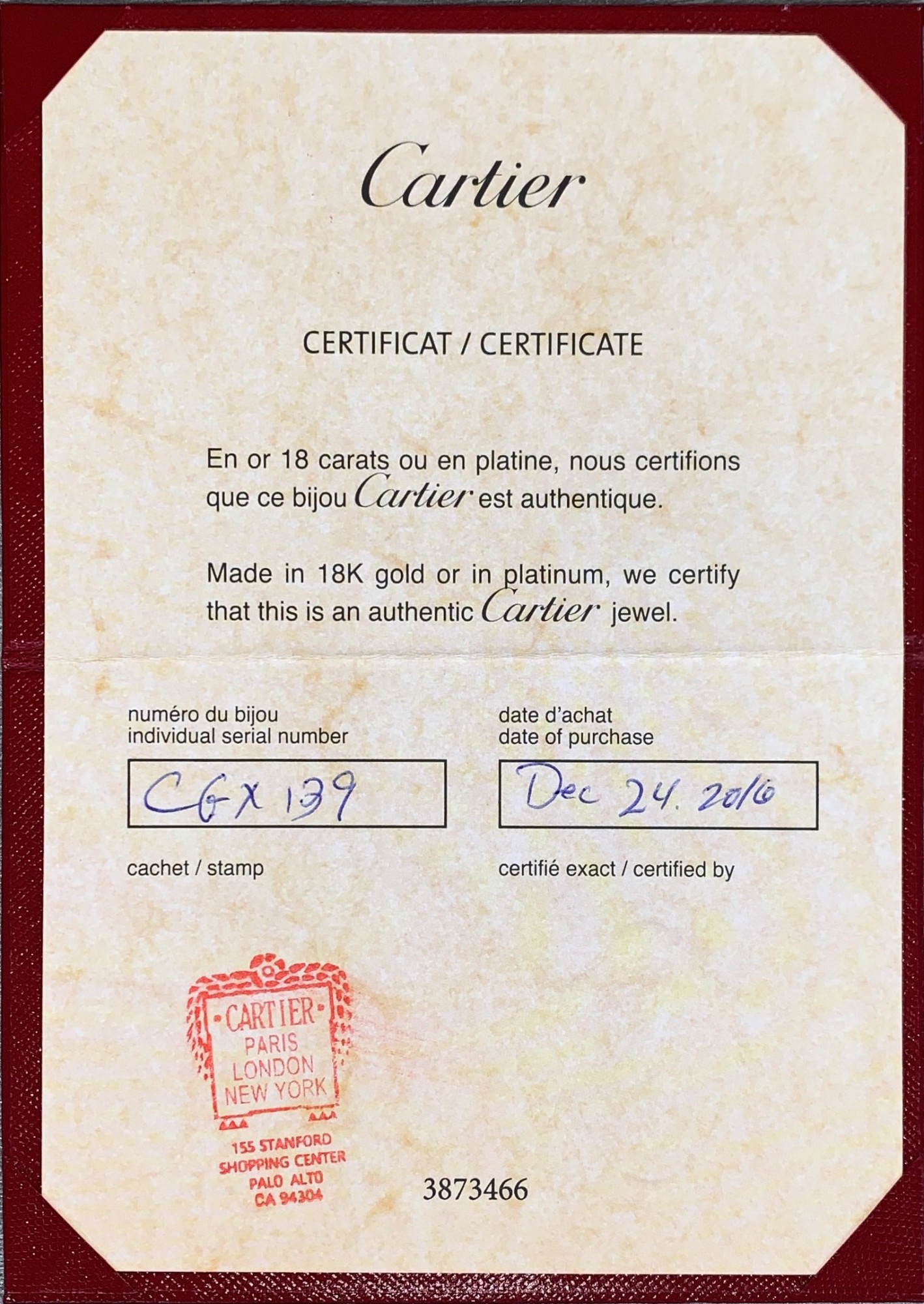 cartier certificate