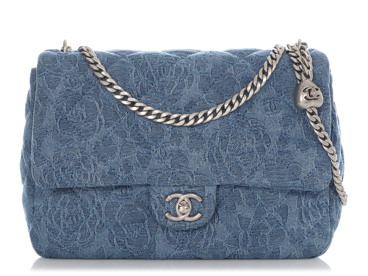 Camellia Denim Sweetheart Medium Flap Bag Silver Hardware, 2023