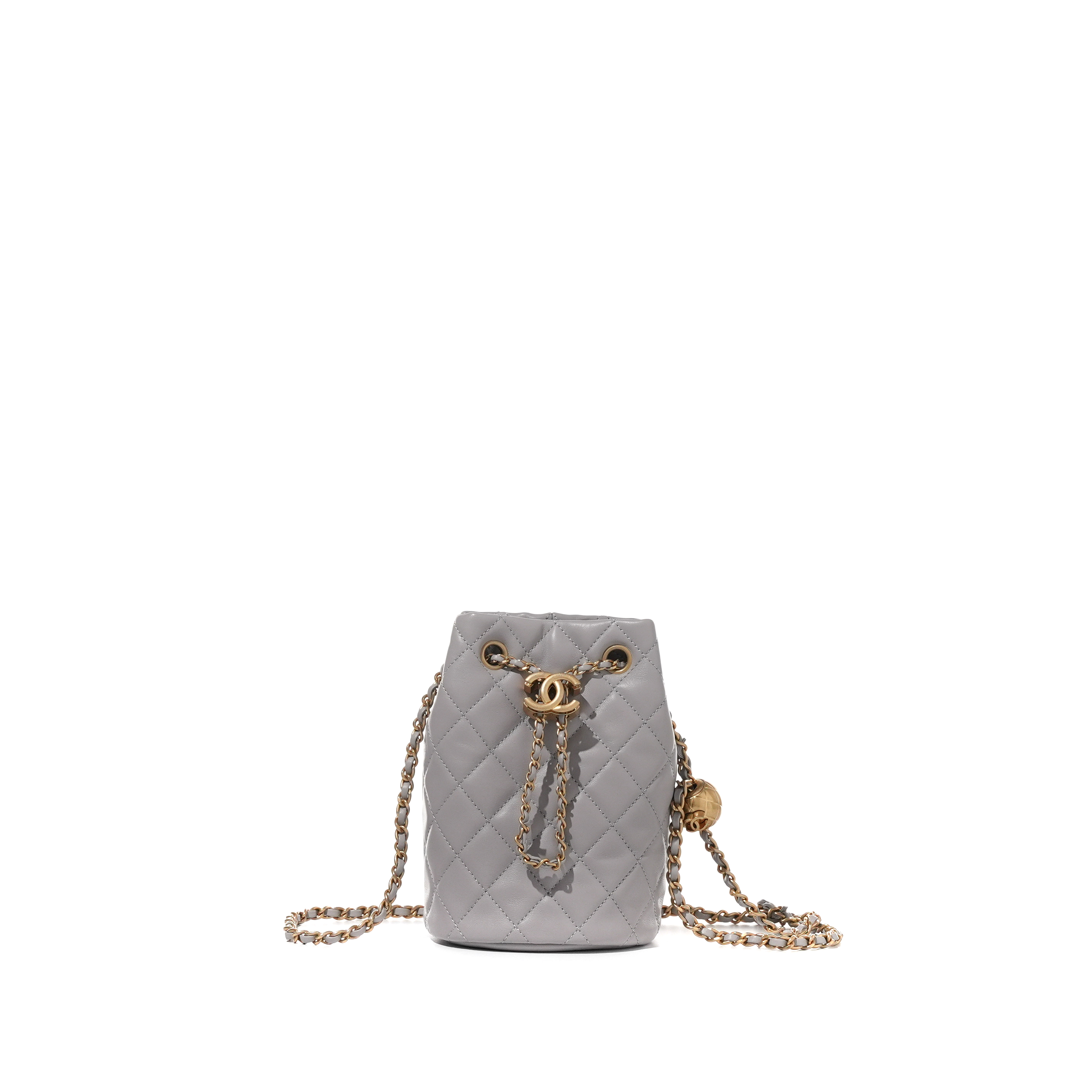 Chanel Grey Quilted Lambskin Drawstring Bucket Bag Pearl Crush
