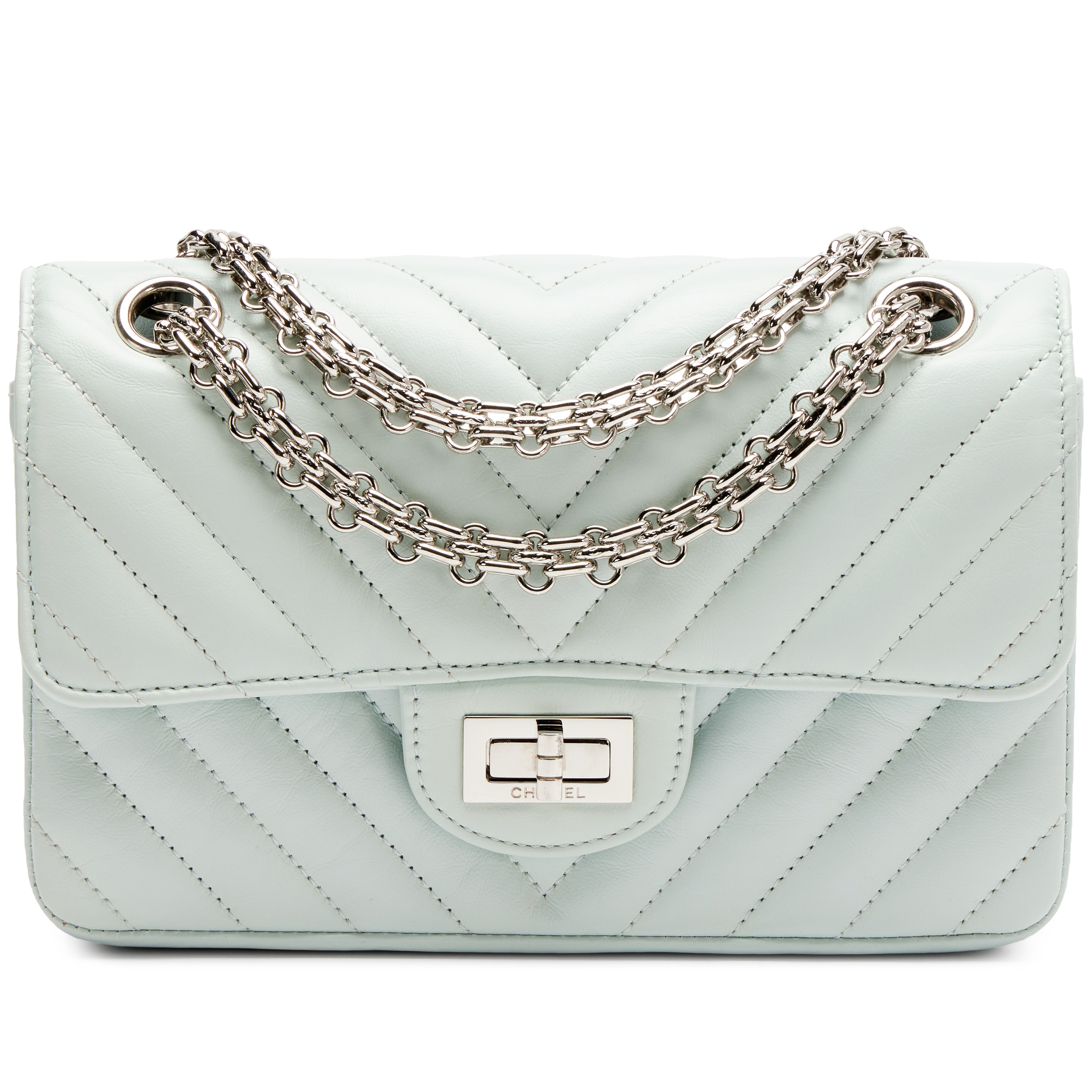 Chanel Light Blue Chevron Quilted Aged Calfskin Mini 2.55 Reissue