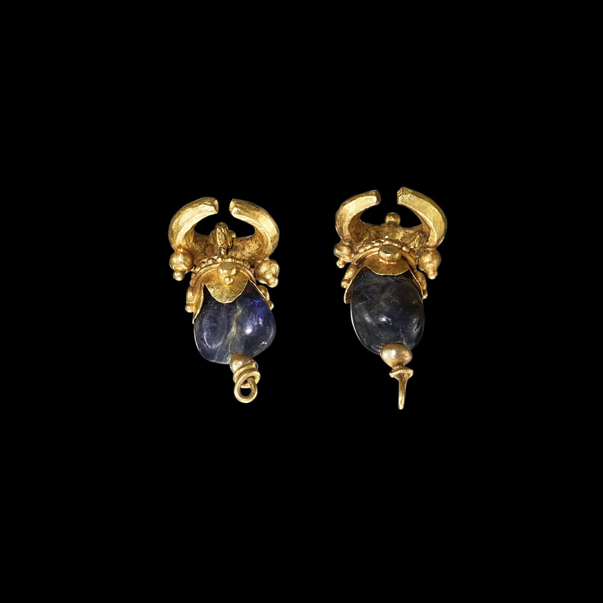 A pair of gold floral earrings with semi-precious stone Java, Indonesia ...