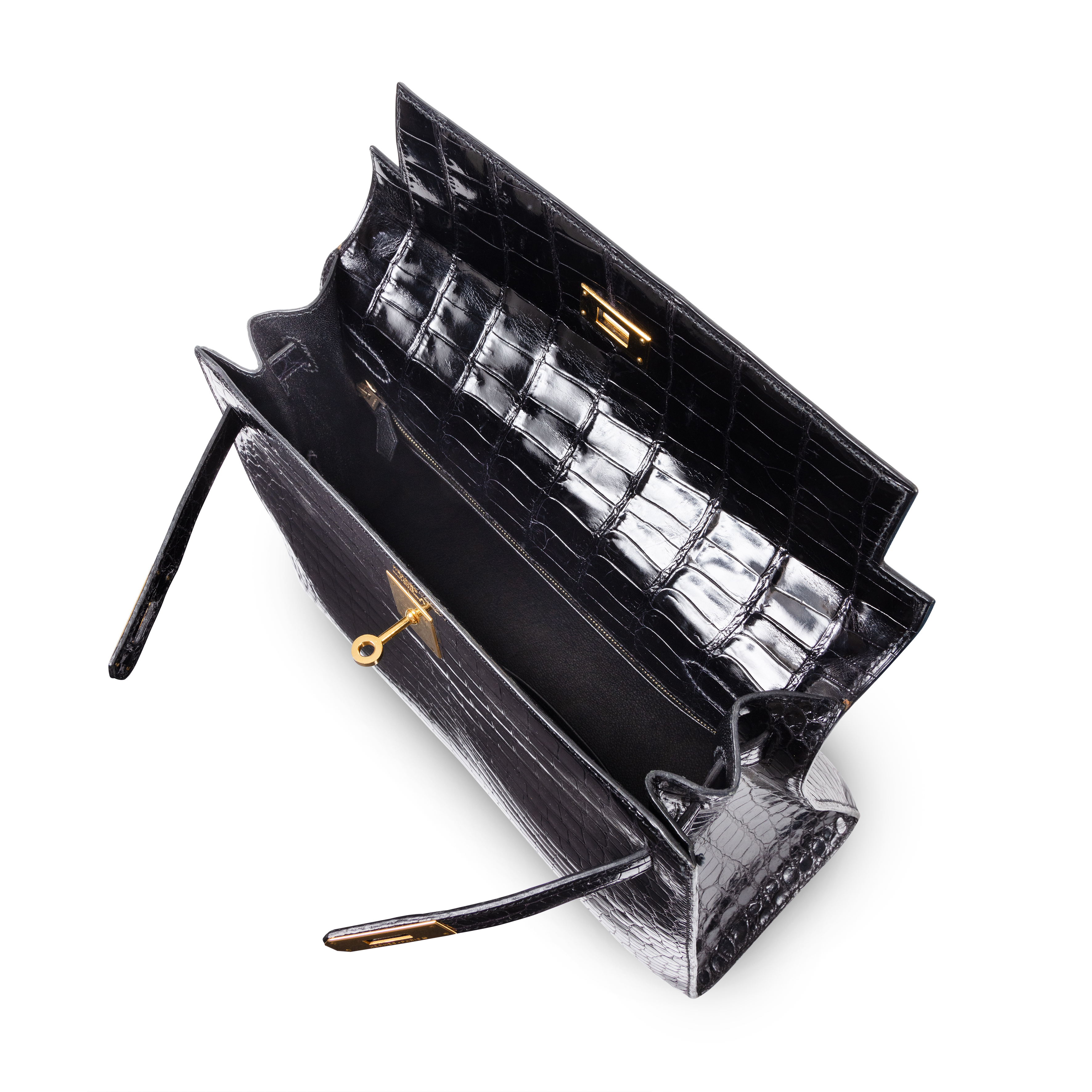 【HERMES】vintage pierce Hermès Vintage Black Shiny Porosus Crocodile Kelly 32