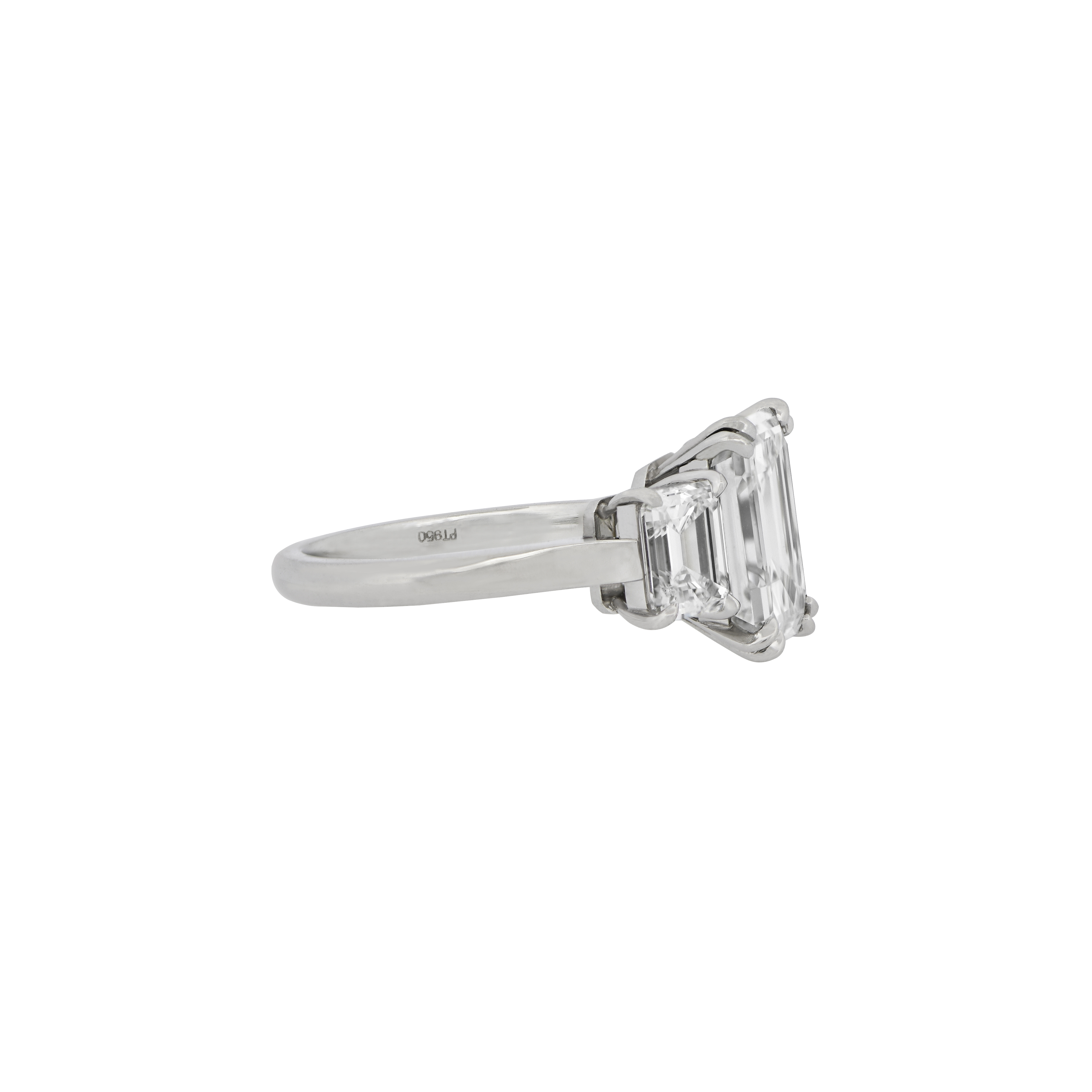 Platinum, 4.02ct Emerald Cut Diamond and Diamond Three Stone Engagement Ring - Image 2