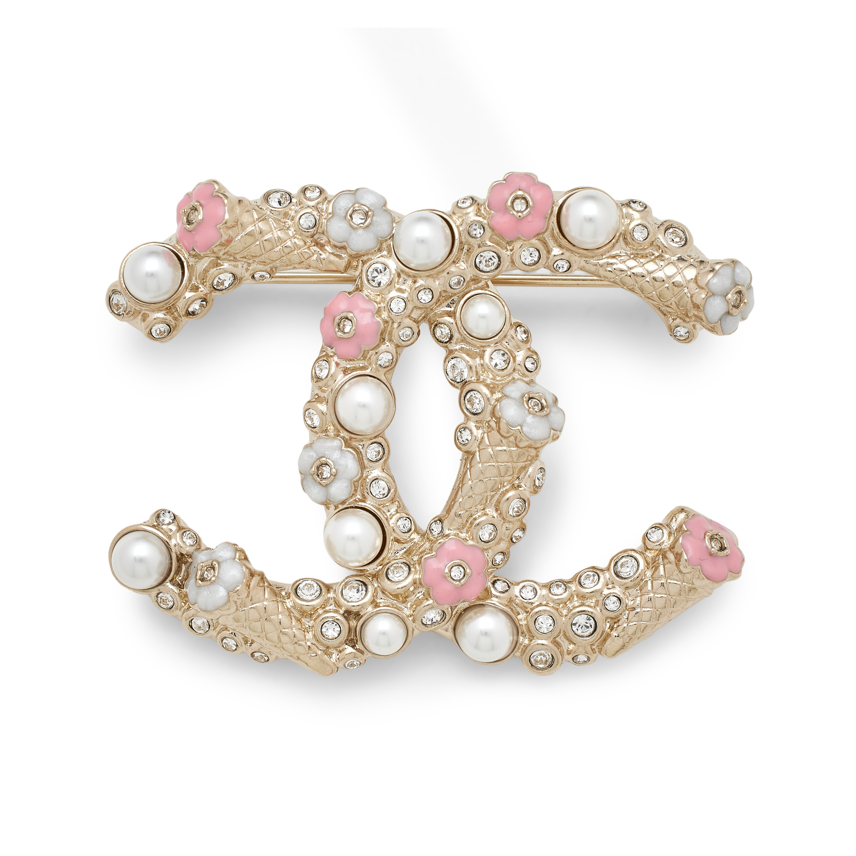 Chanel Gold Metal Pink Resin Camellia Glass Imitation Pearls