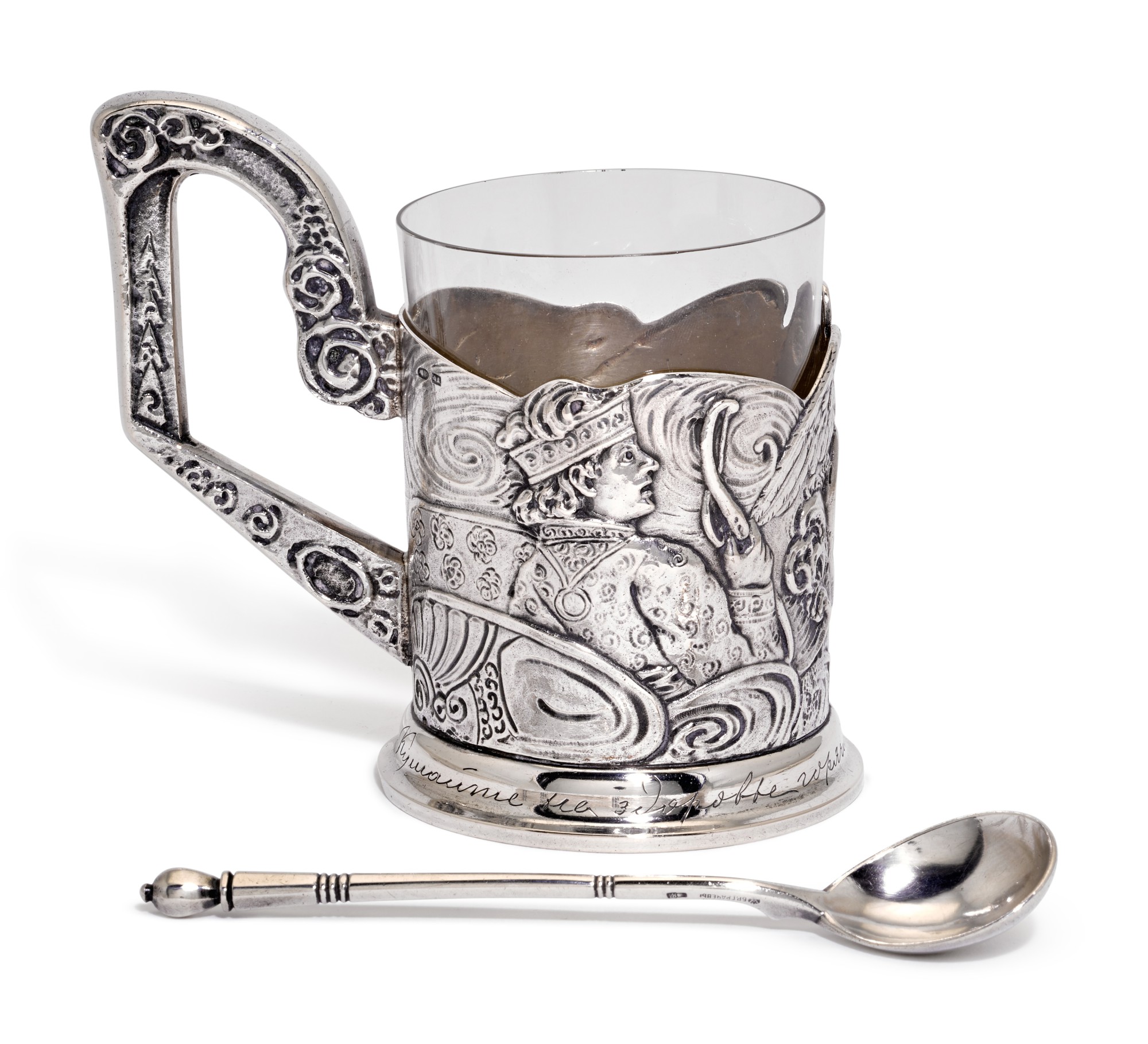 A silver tea glass holder and a spoon, 4th Artel, Moscow, and Grachev