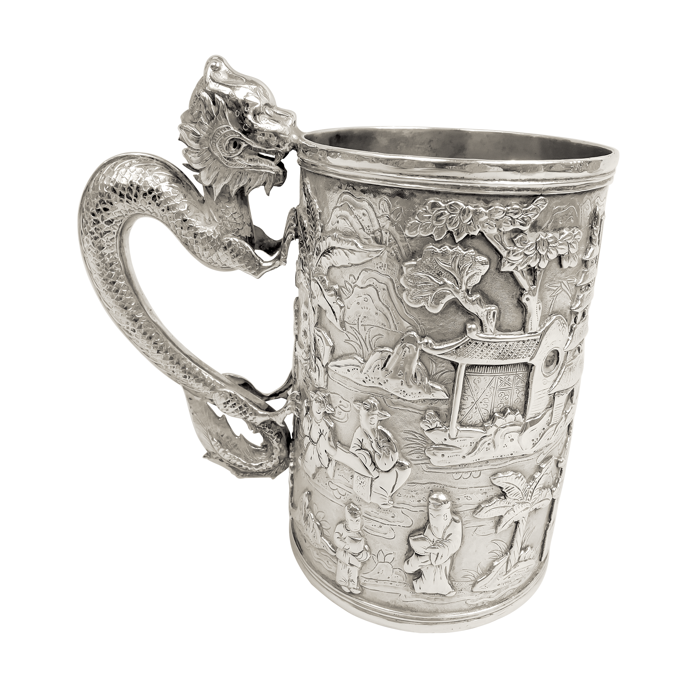 R*h様 銀製(SILVER) 唐草彫 煙草入☆箱付 銀重 114g Antique Chinese Export Silver Mug With Dragon Handle Available For