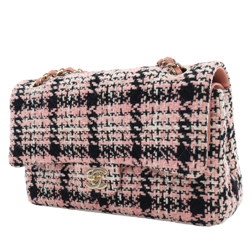 Chanel Pink Tweed Medium Classic Double Flap Bag Gold Hardware