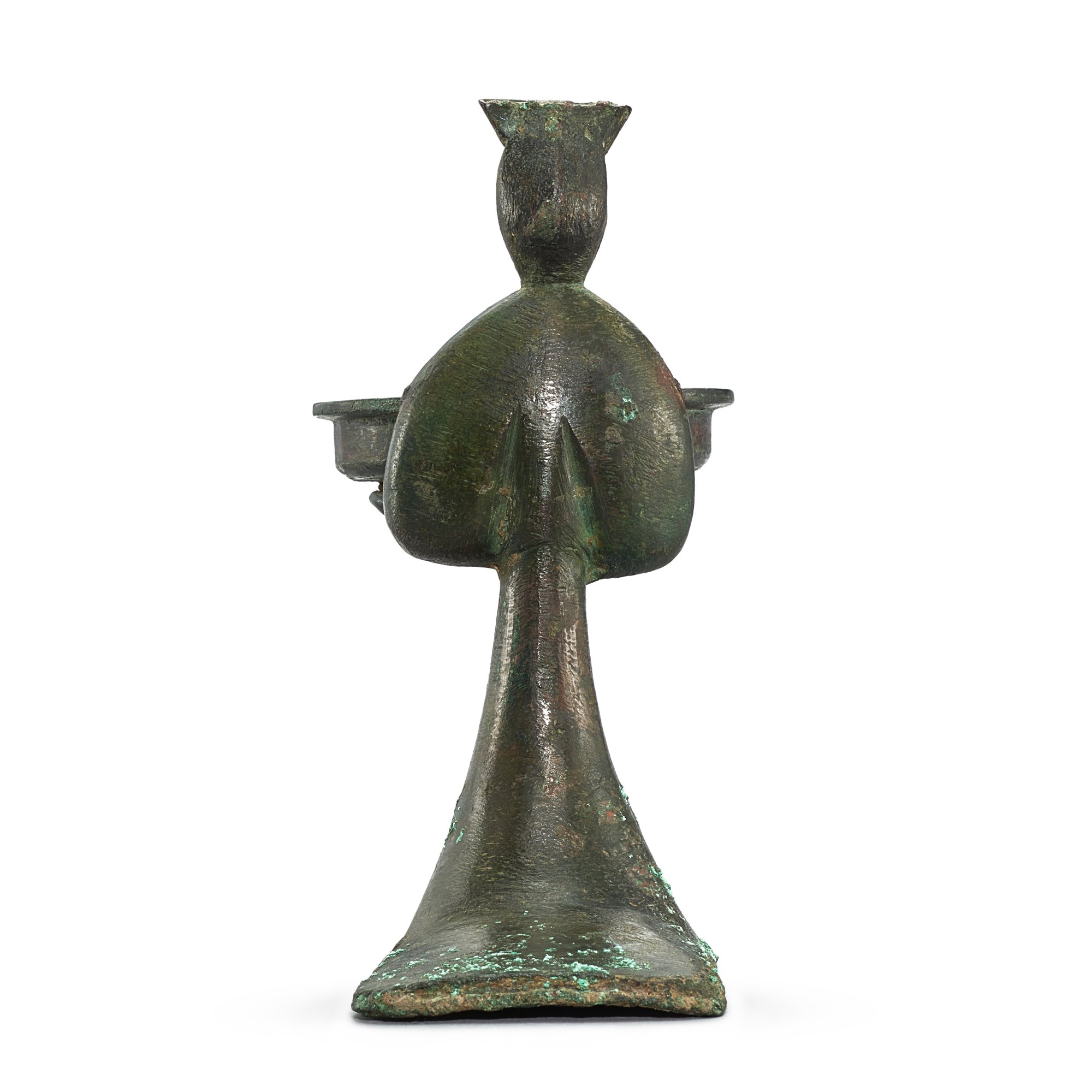 A rare bronze 'kneeling lady' oil lamp, Qin Han dynasty 秦至漢 青銅宮女捧燈