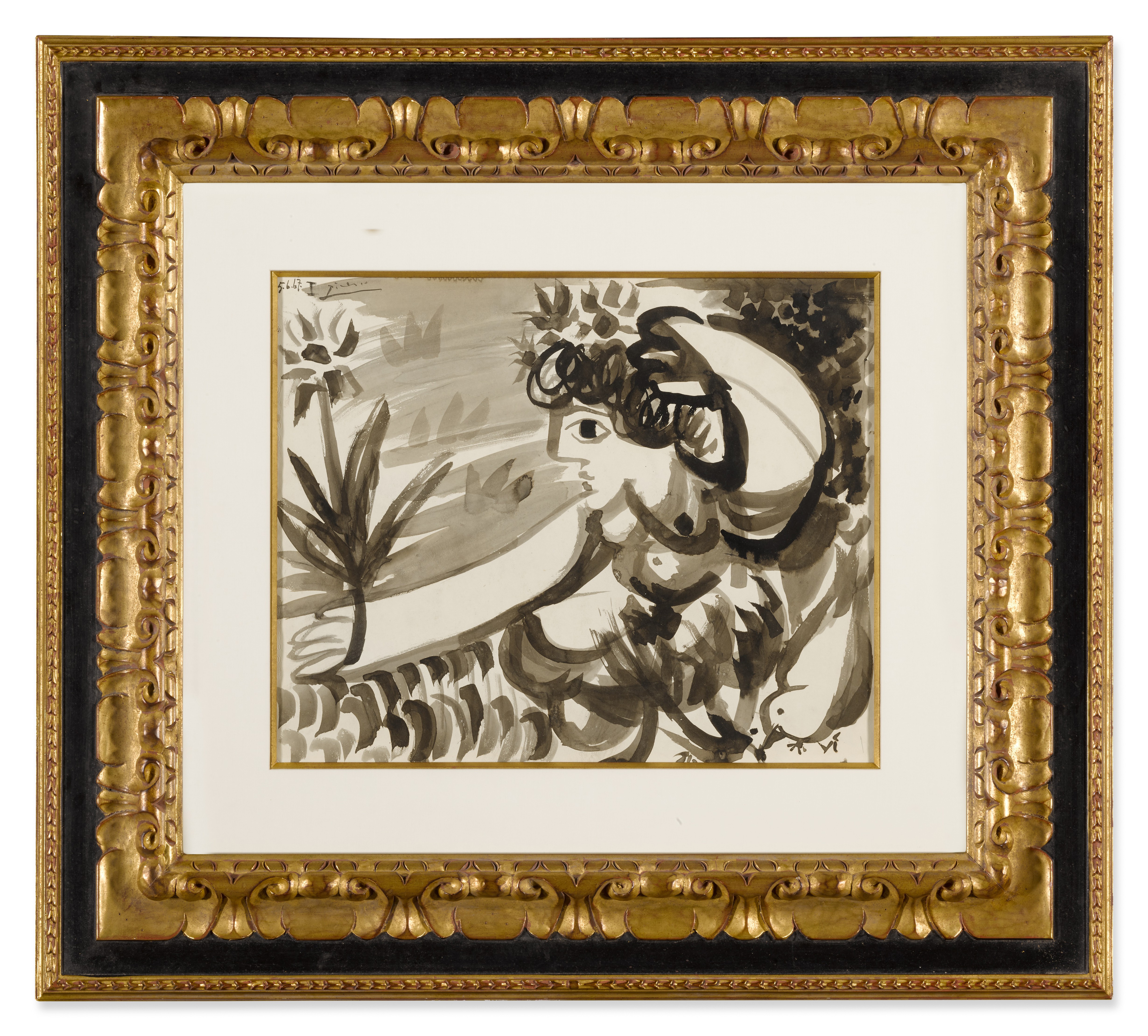 Pablo Picasso Vintage Femme, Fleurs Et Oiseaux (Recto
