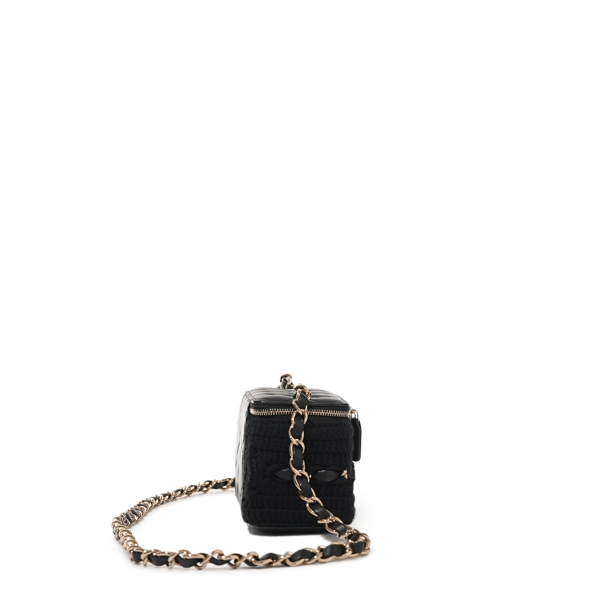 VINTAGE●CHANEL●レザーストラップ付きロングバニティバッグ Chanel Black Tweed And Quilted Lambskin Long Vanity Pale