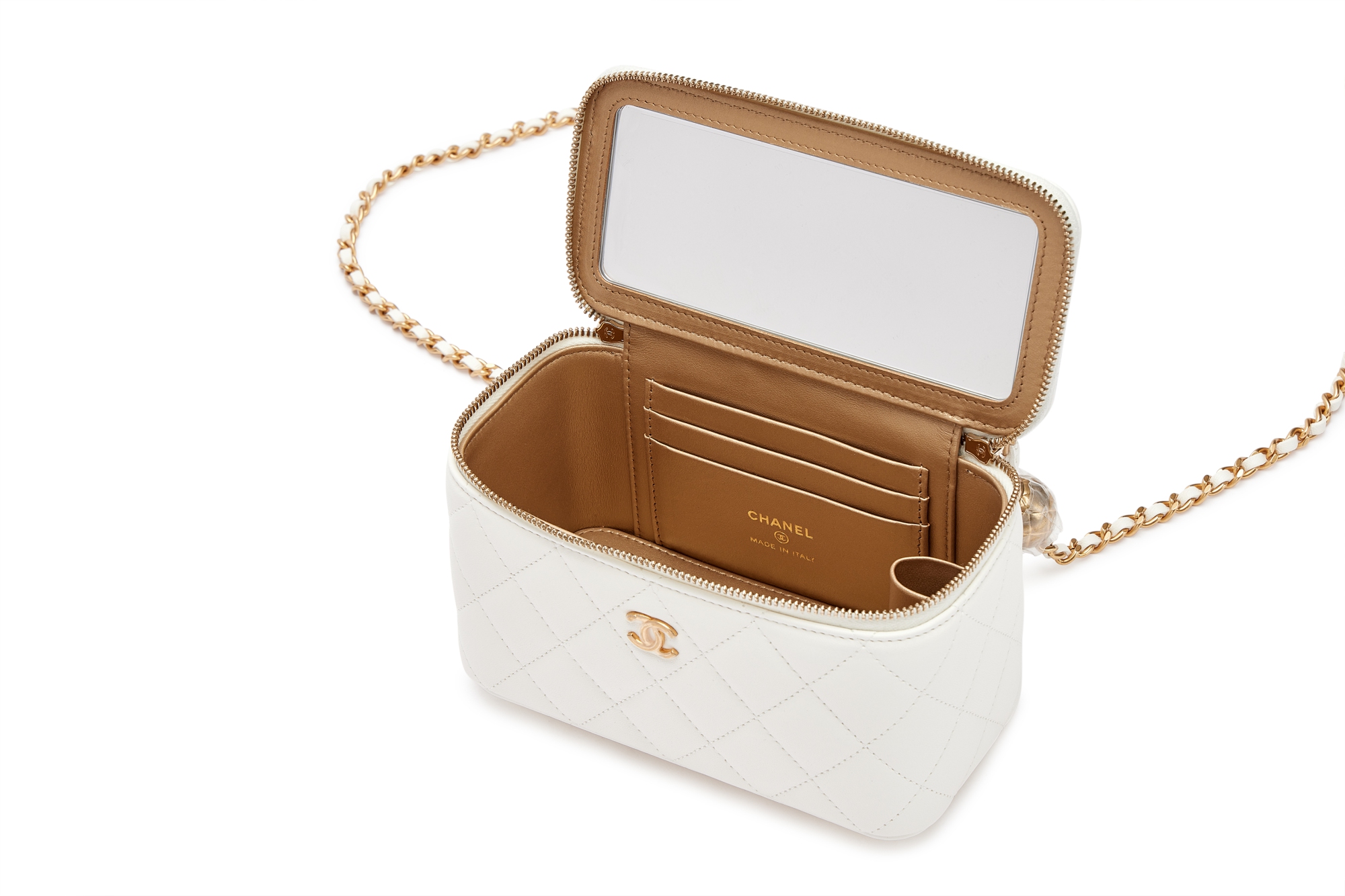 Chanel White Quilted Lambskin Pearl Crush Vanity Case Gold