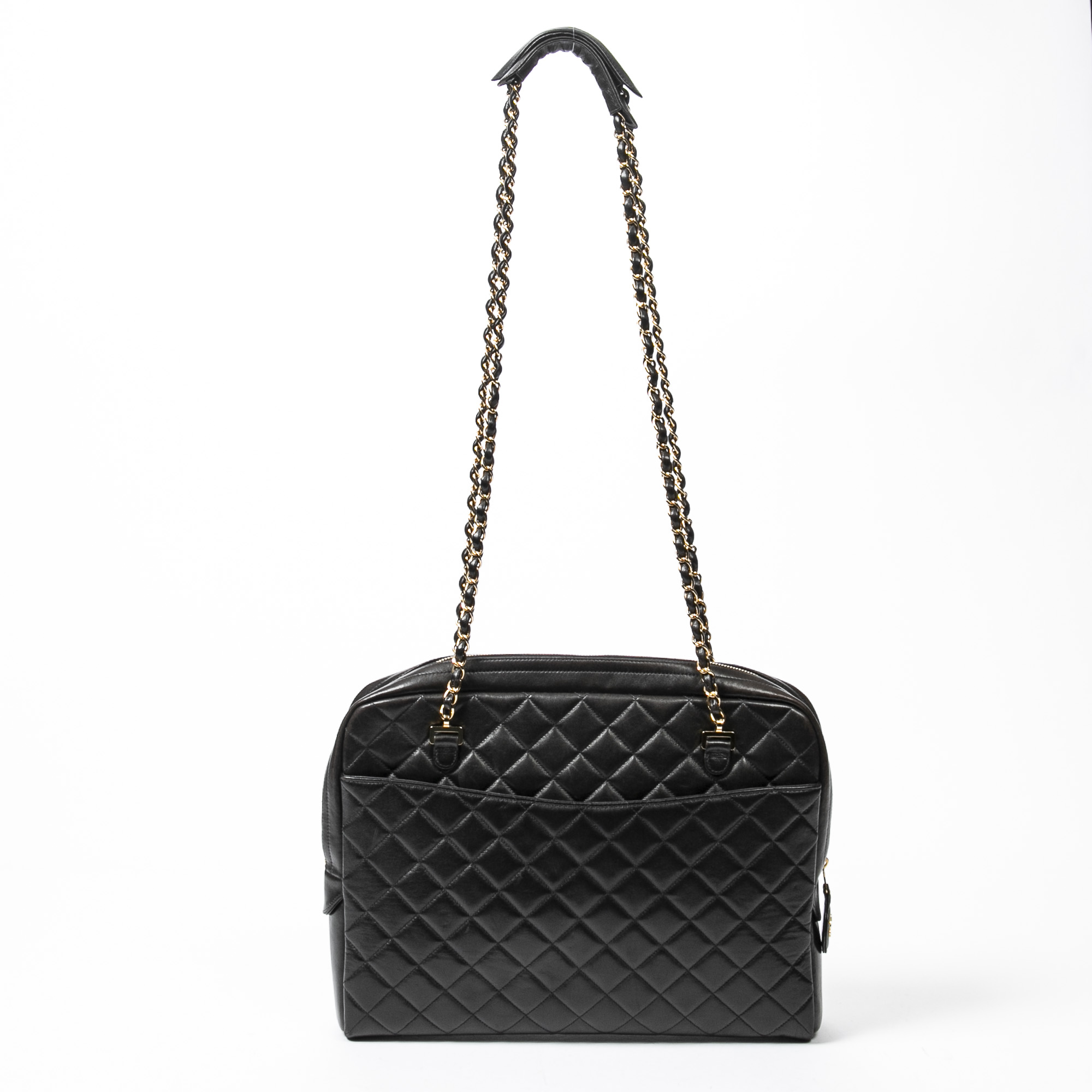 Black Front Pocket Shoulder Bag in Quilted Leather with Gold Hardware