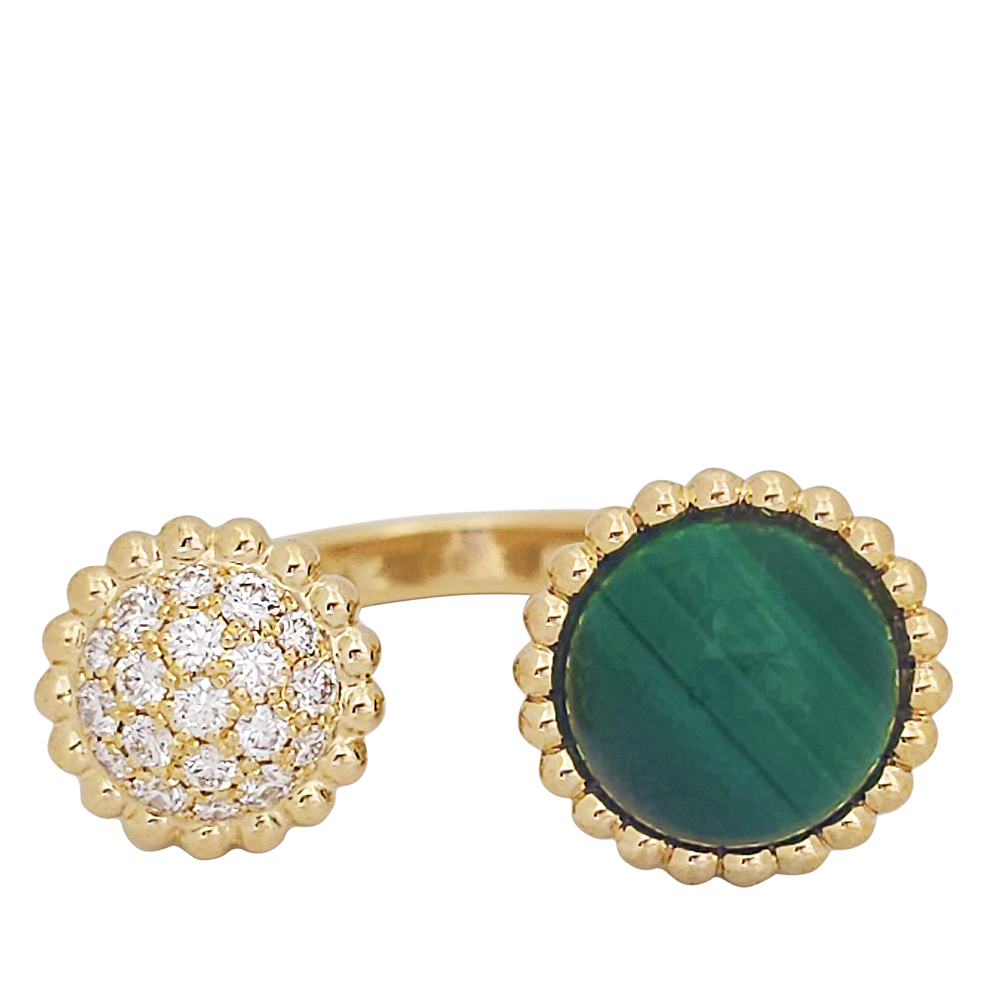 Gold, Malachite and Diamond Perlée Couleurs Between the Finger Ring