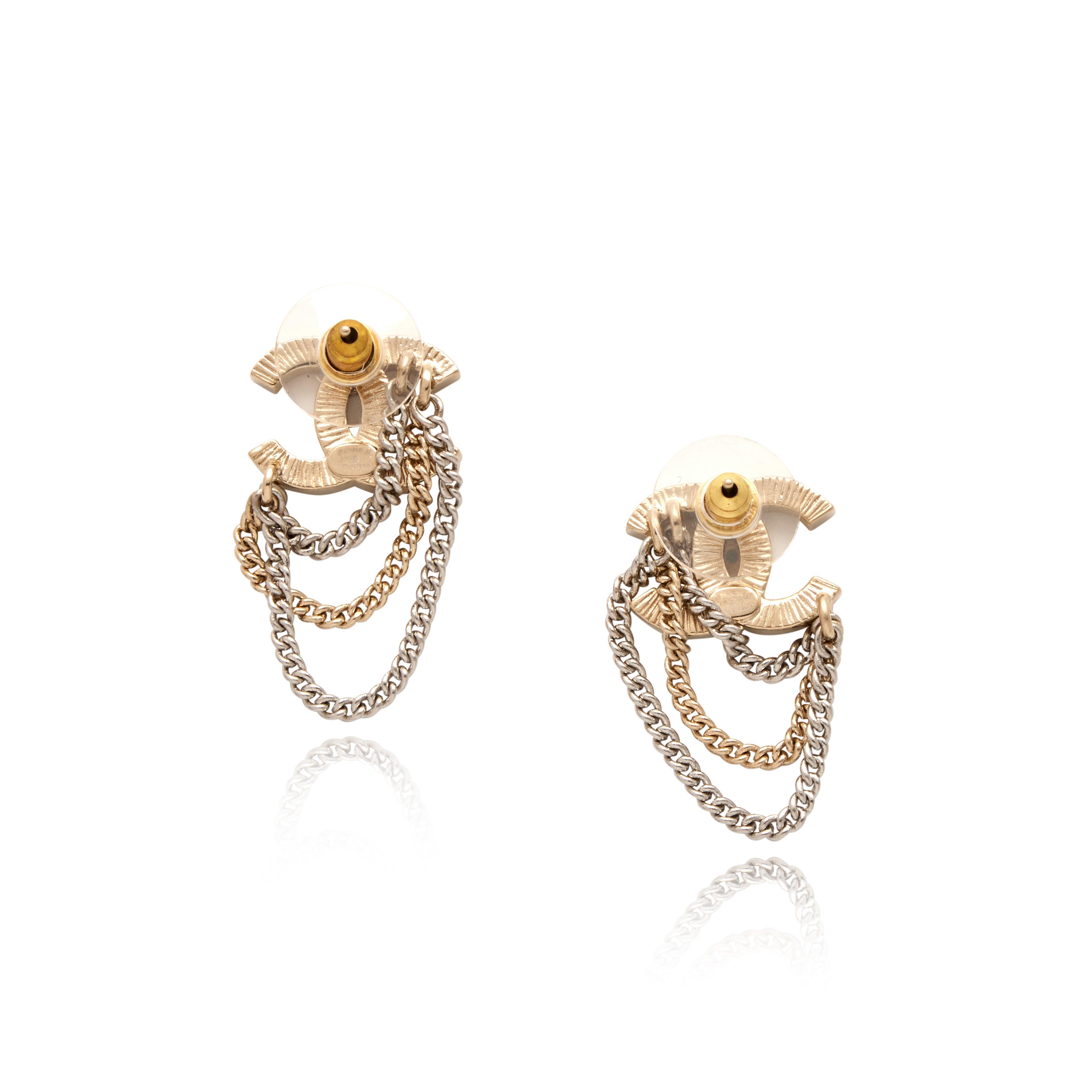 Pale Gold Metal and Strass Chain CC Earrings, 2021