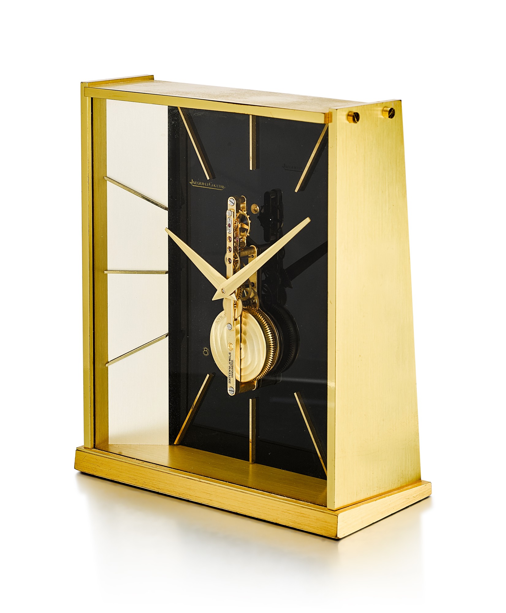JAEGERLECOULTRE A GILT BRASS TABLE CLOCK WITH 8 DAYS POWER RESERVE