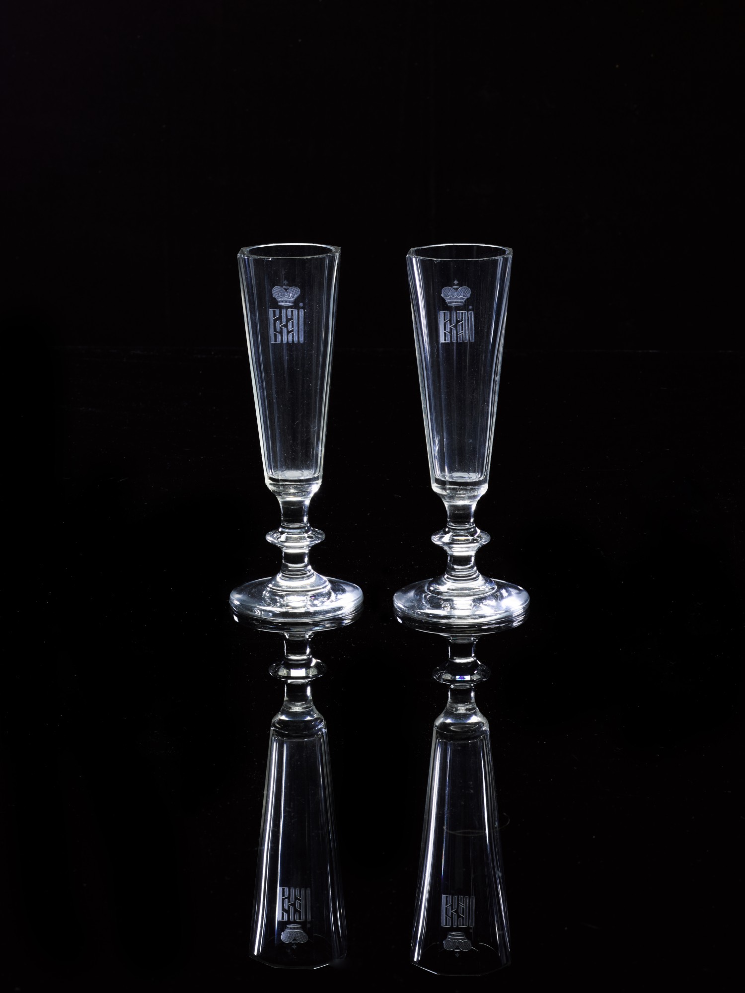 TWO CHAMPAGNE FLUTES, IMPERIAL GLASSWORKS, ST PETERSBURG Russian