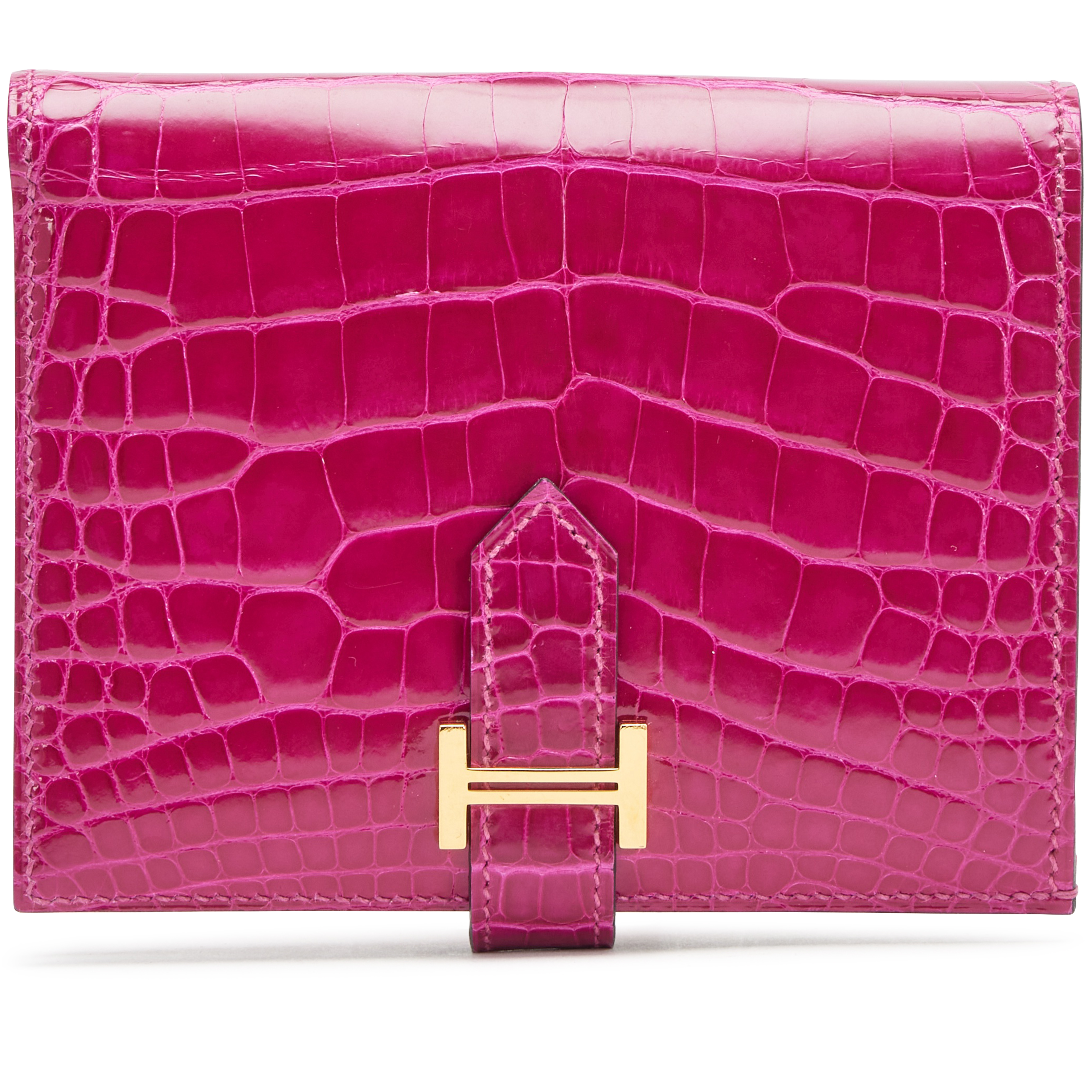 Hermès Rose Scheherazade Shiny Alligator Bearn Compact Wallet Gold