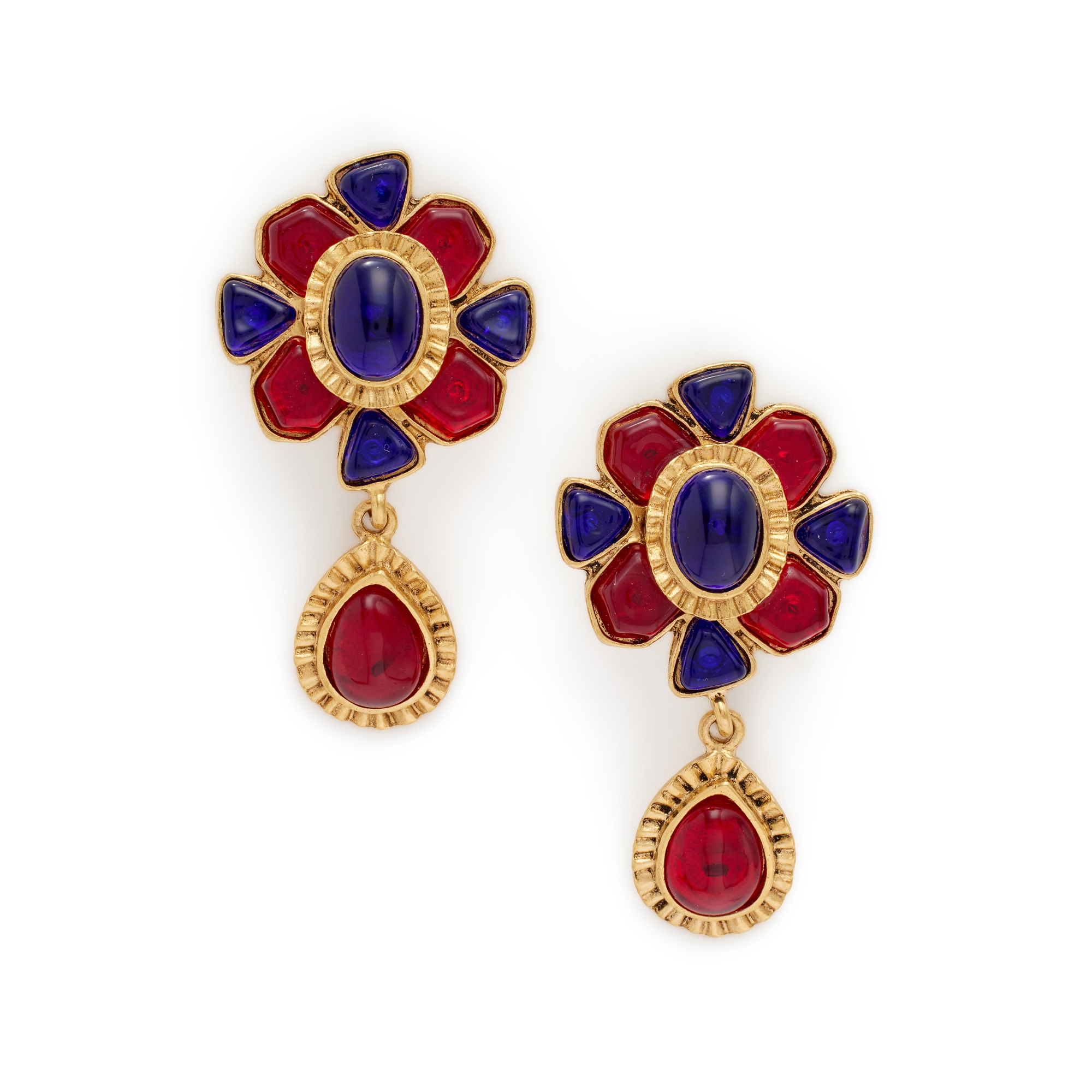 Gold Metal, Red, and Blue Byzantine Gripoix Drop Earrings, 1994