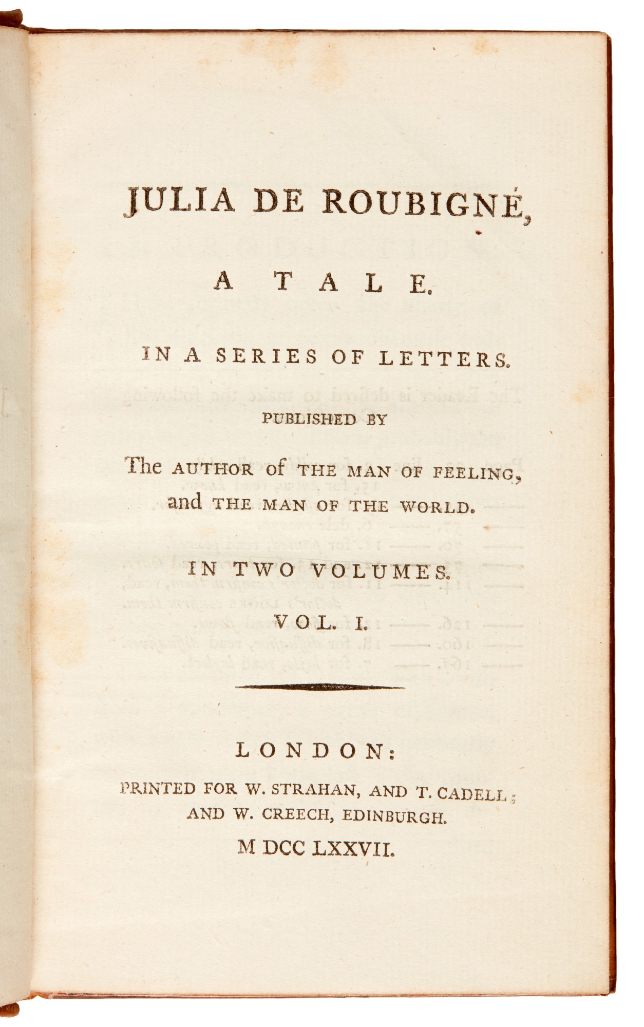 Mackenzie | Julia de Roubigné, 1777, 2 volumes, contemporary calf ...