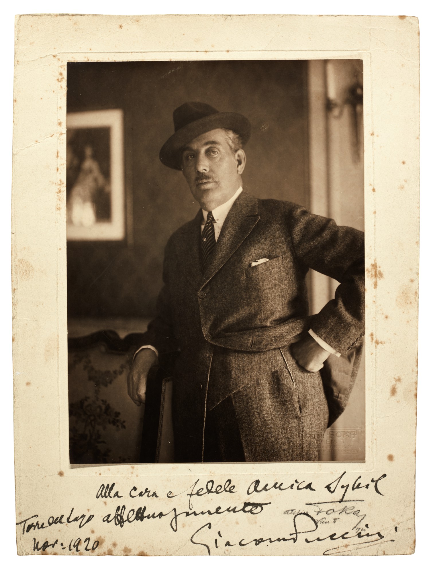 G. Puccini. Large photograph signed and inscribed to Sybil Seligman