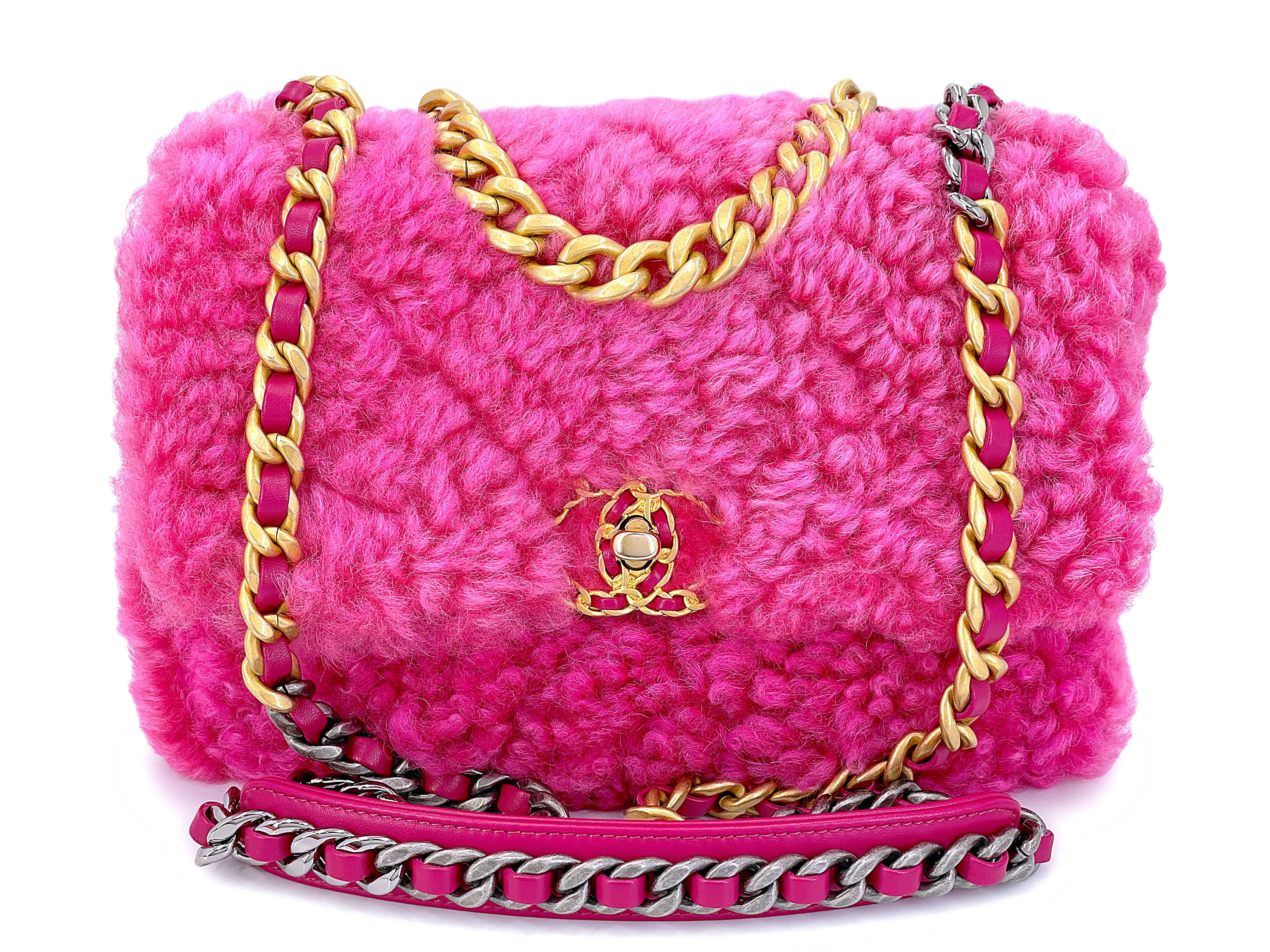 Chanel Fuchsia Pink Shearling Fur Medium Chanel 19 Flap Bag Mixed