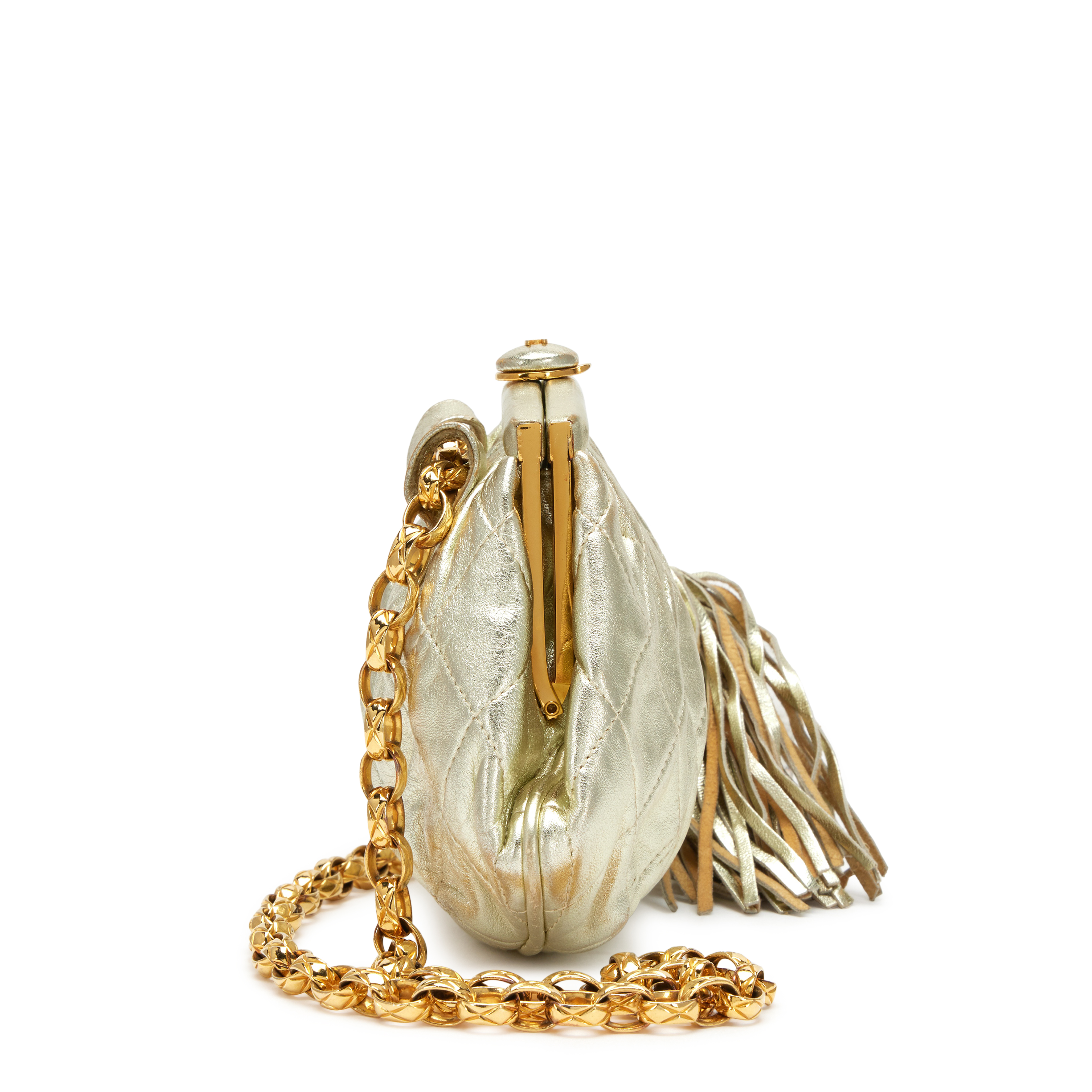 Chanel Vintage Metallic Gold Quilted Lambskin Tassel Kiss