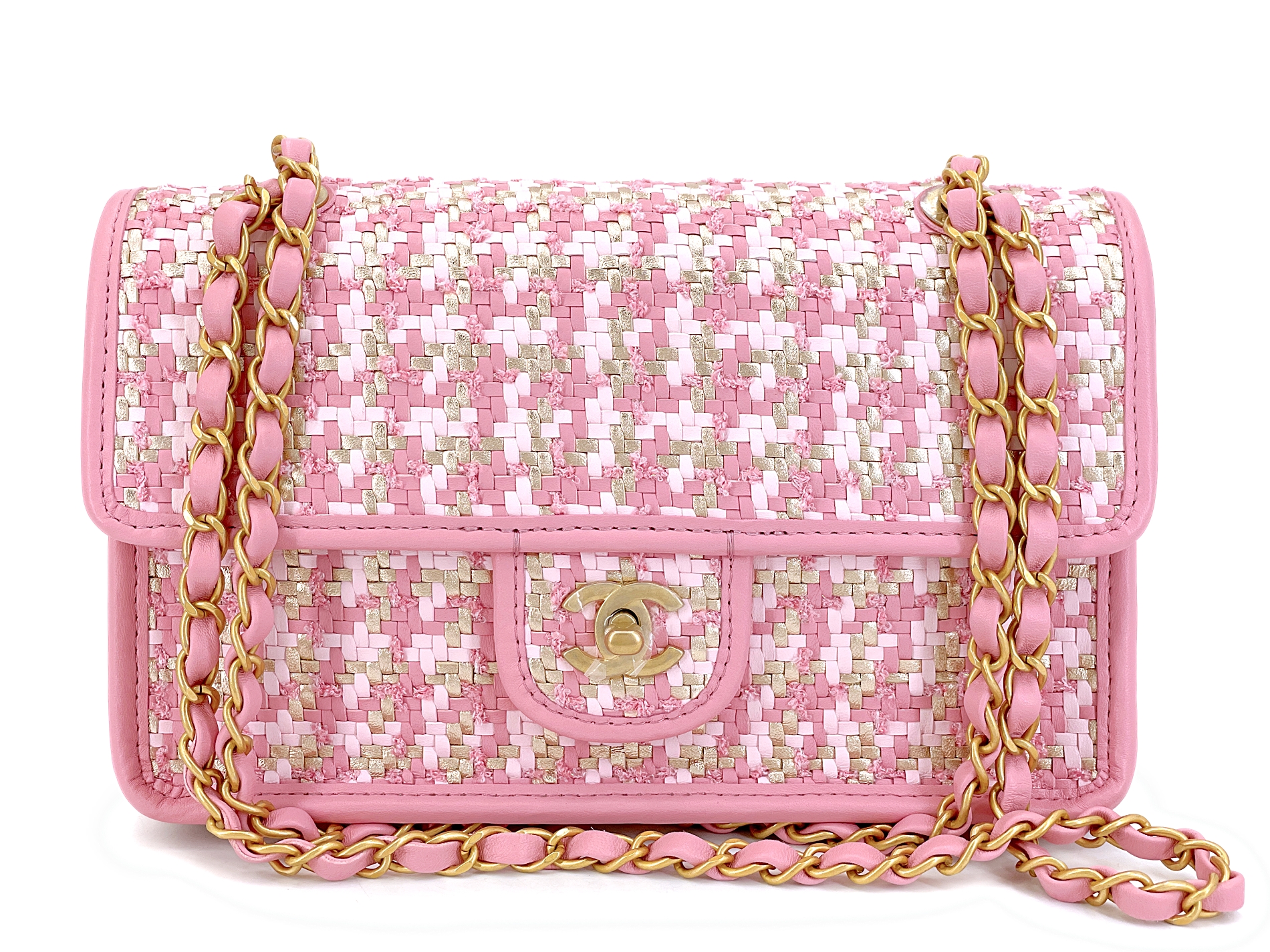 Chanel Pink, Gold, And White Woven Lambskin Houndstooth Flap Bag