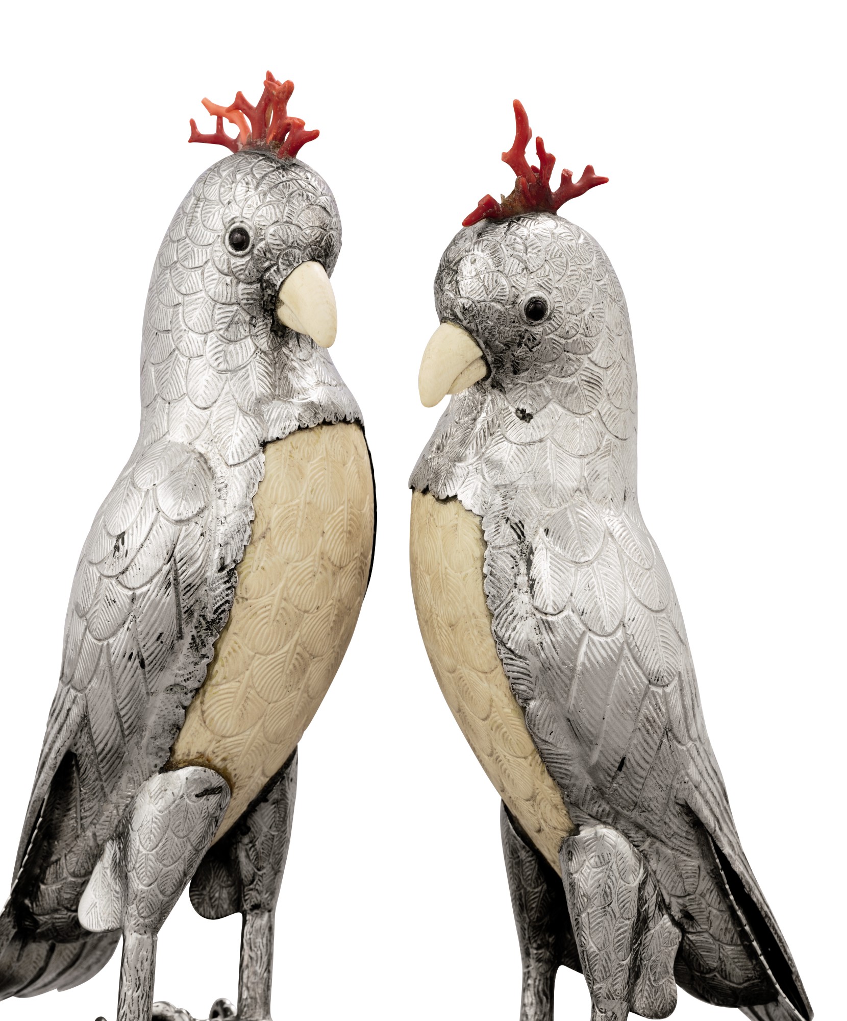 A pair of Portuguese silver, horn and coral cockatoos, Luiz Ferreira