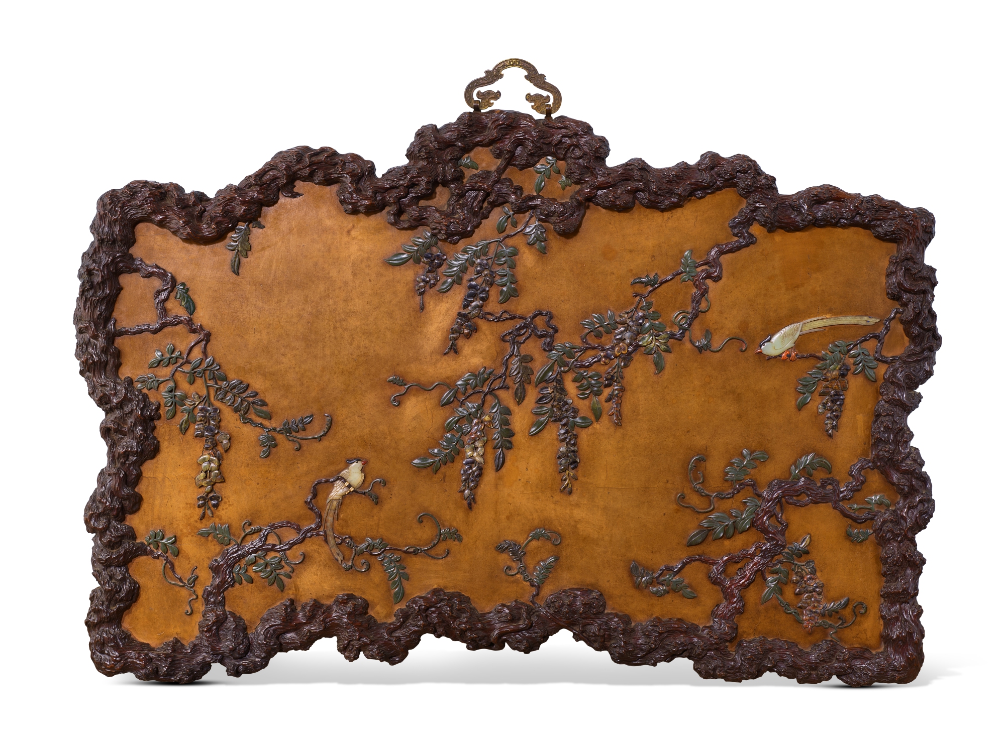 A rare and impressive imperial jade and hardstone-inlaid lacquered wood ...