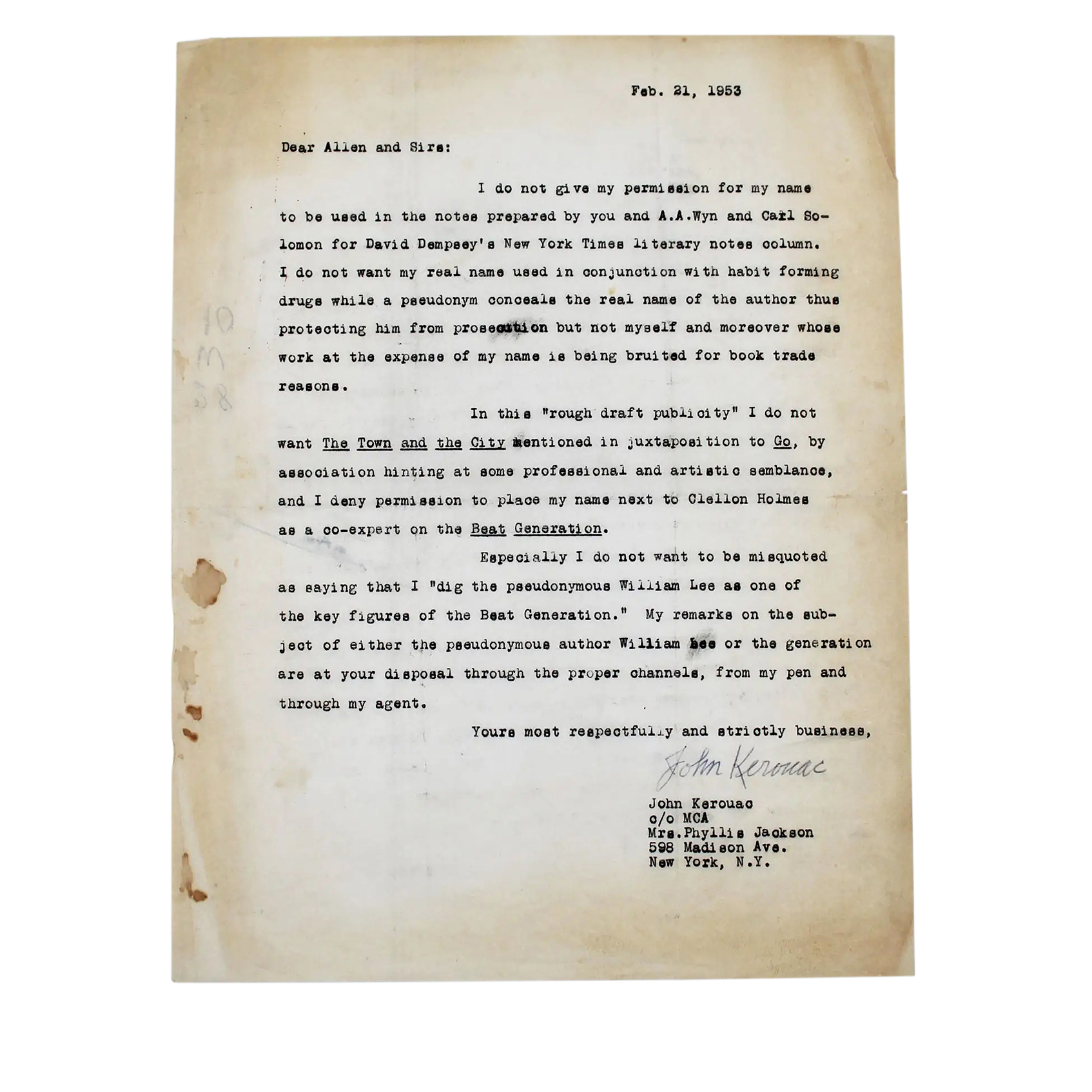 Jack Kerouac Vintage Typed Letter To Allen Ginsberg And A.A. Wyn