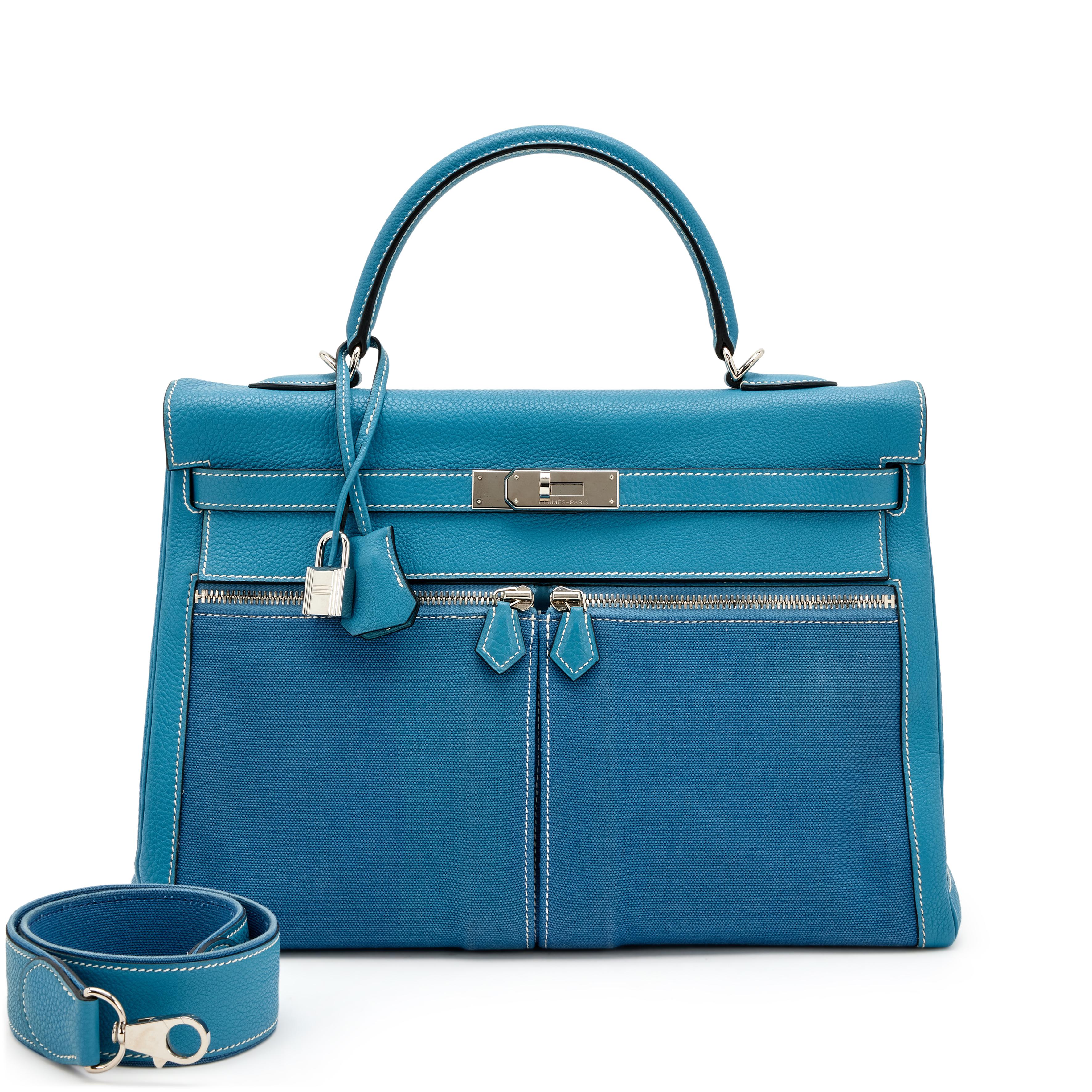 Hermès Blue Jean Togo And Toile Kelly Lakis 35 Palladium Hardware