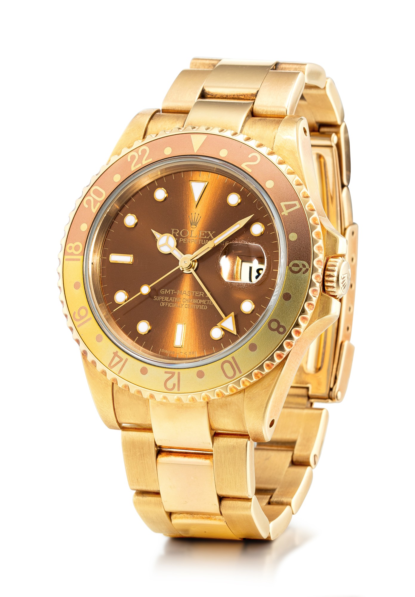 ROLEX GMTMASTER II, REFERENCE 16718, A YELLOW GOLD WRISTWATCH WITH