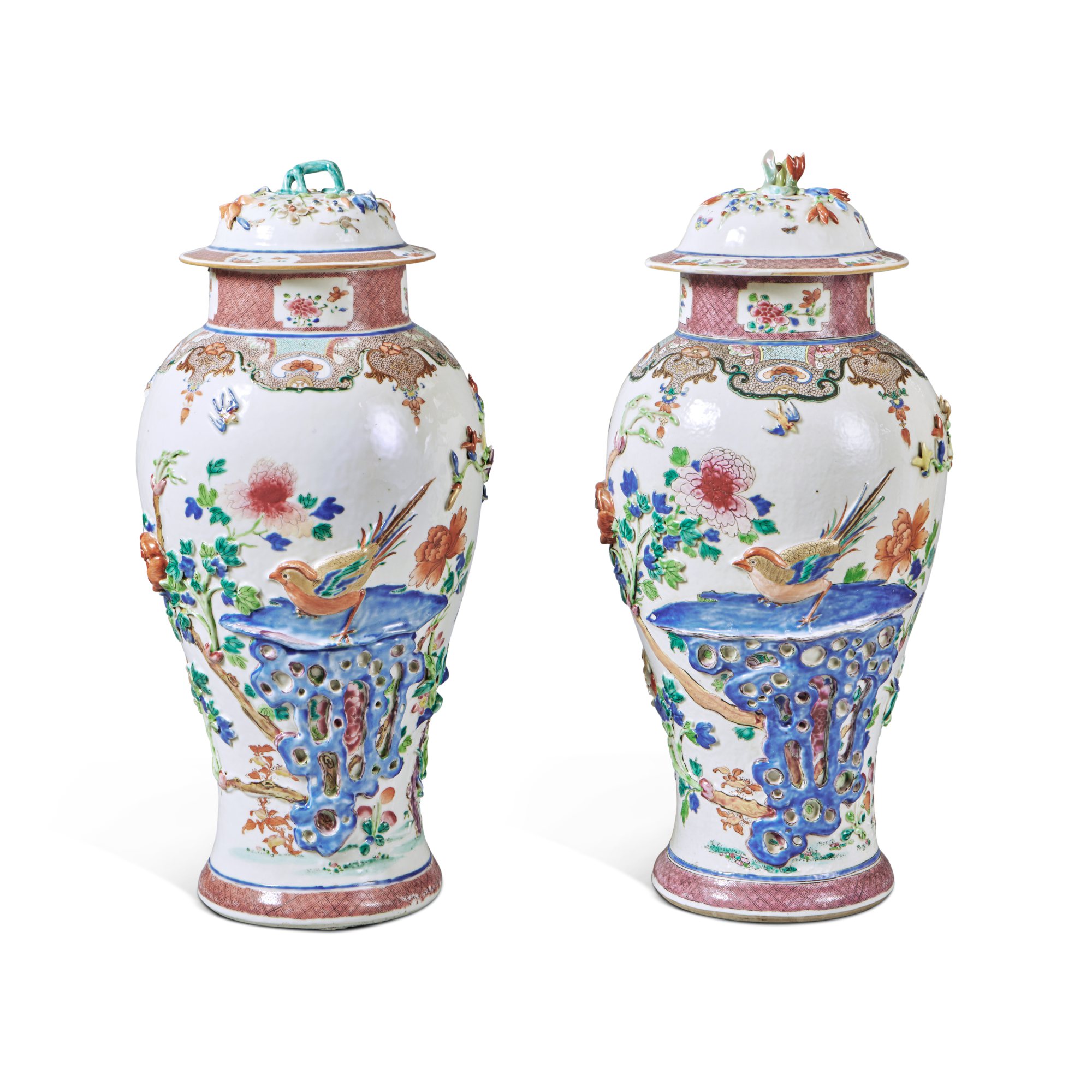 A Pair of Chinese Export FamilleRose Molded 'Pheasants' BalusterForm